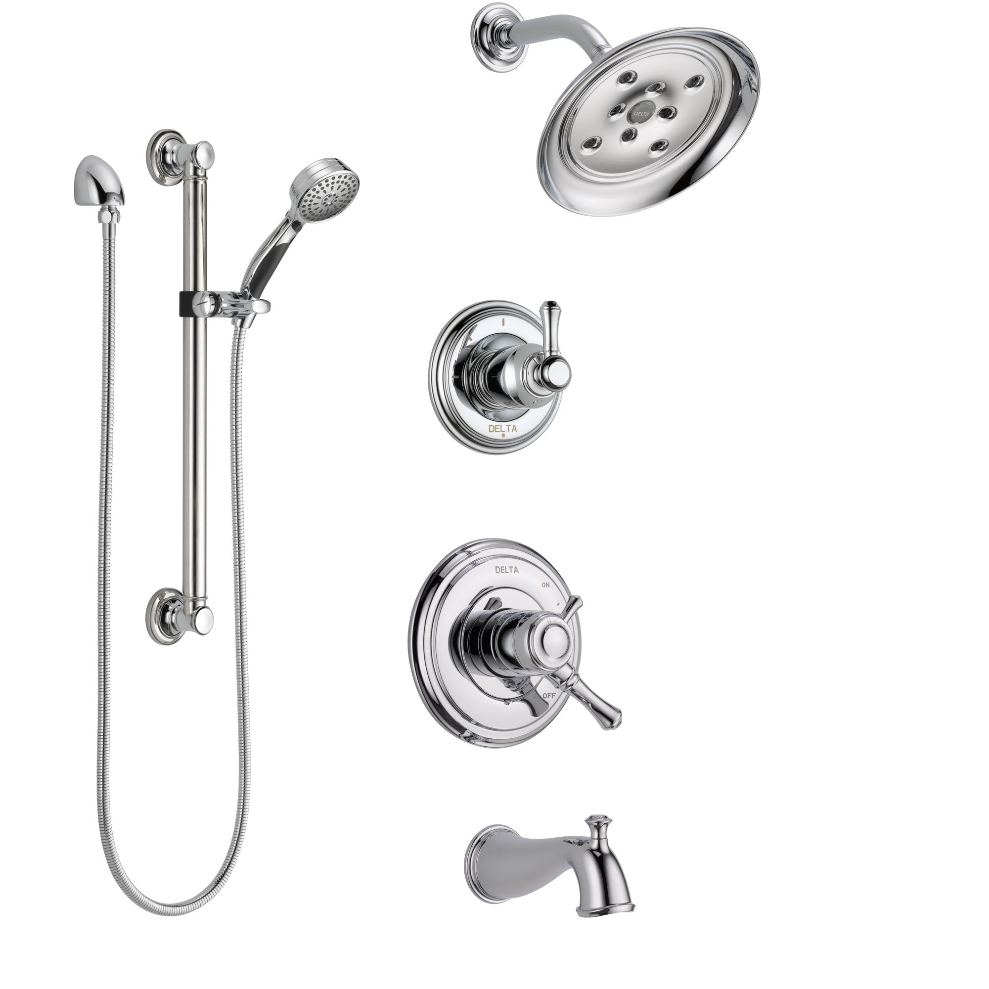 Delta Cassidy Chrome Finish Tub and Shower System with Dual Control Handle, 3-Setting Diverter, Showerhead, and Hand Shower with Grab Bar SS174973
