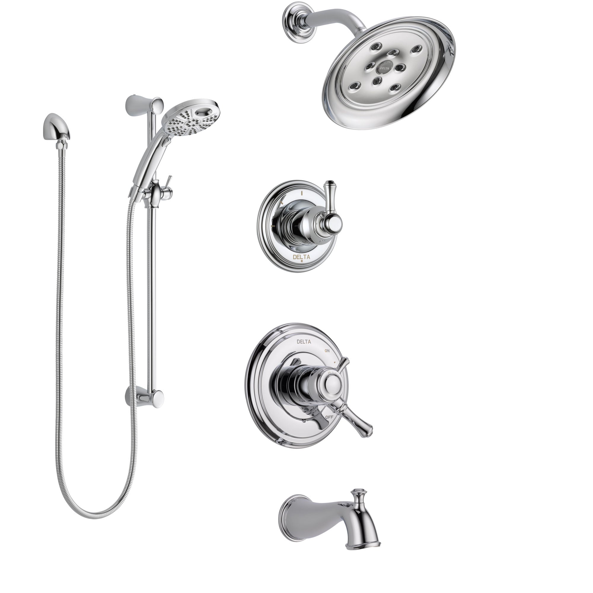 Delta Cassidy Chrome Finish Dual Control Handle Tub and Shower System, 3-Setting Diverter, Showerhead, and Temp2O Hand Shower with Slidebar SS174974