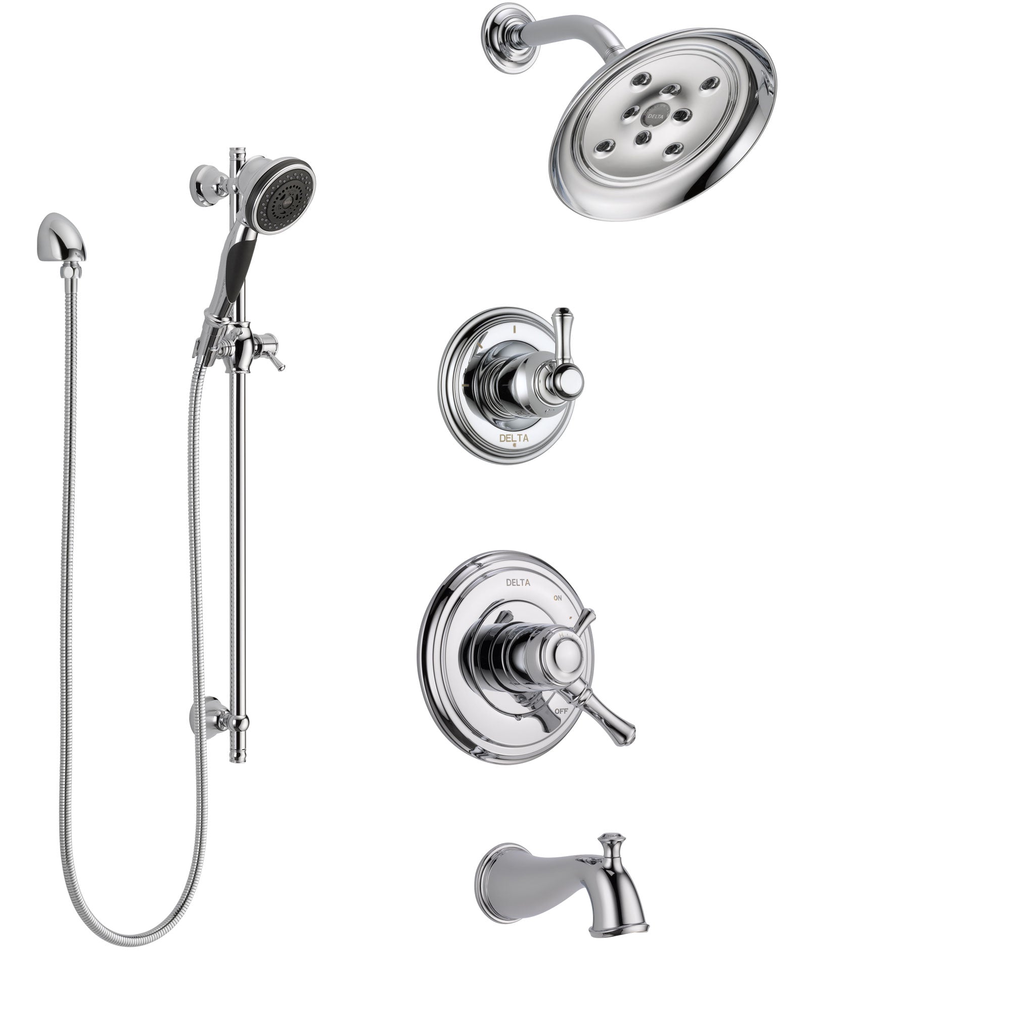 Delta Cassidy Chrome Finish Tub and Shower System with Dual Control Handle, 3-Setting Diverter, Showerhead, and Hand Shower with Slidebar SS174975