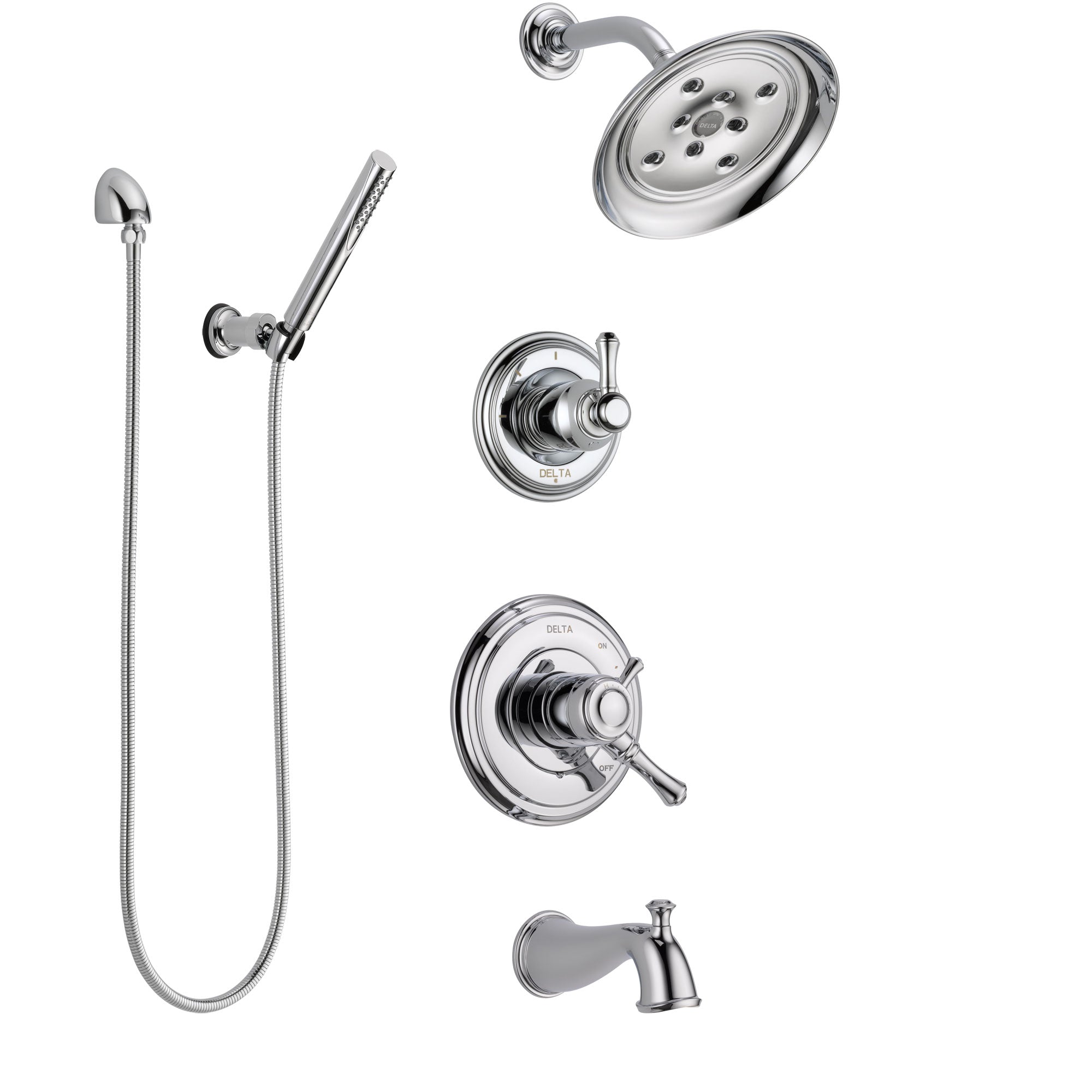 Delta Cassidy Chrome Finish Tub and Shower System with Dual Control Handle, 3-Setting Diverter, Showerhead, and Hand Shower with Wall Bracket SS174976