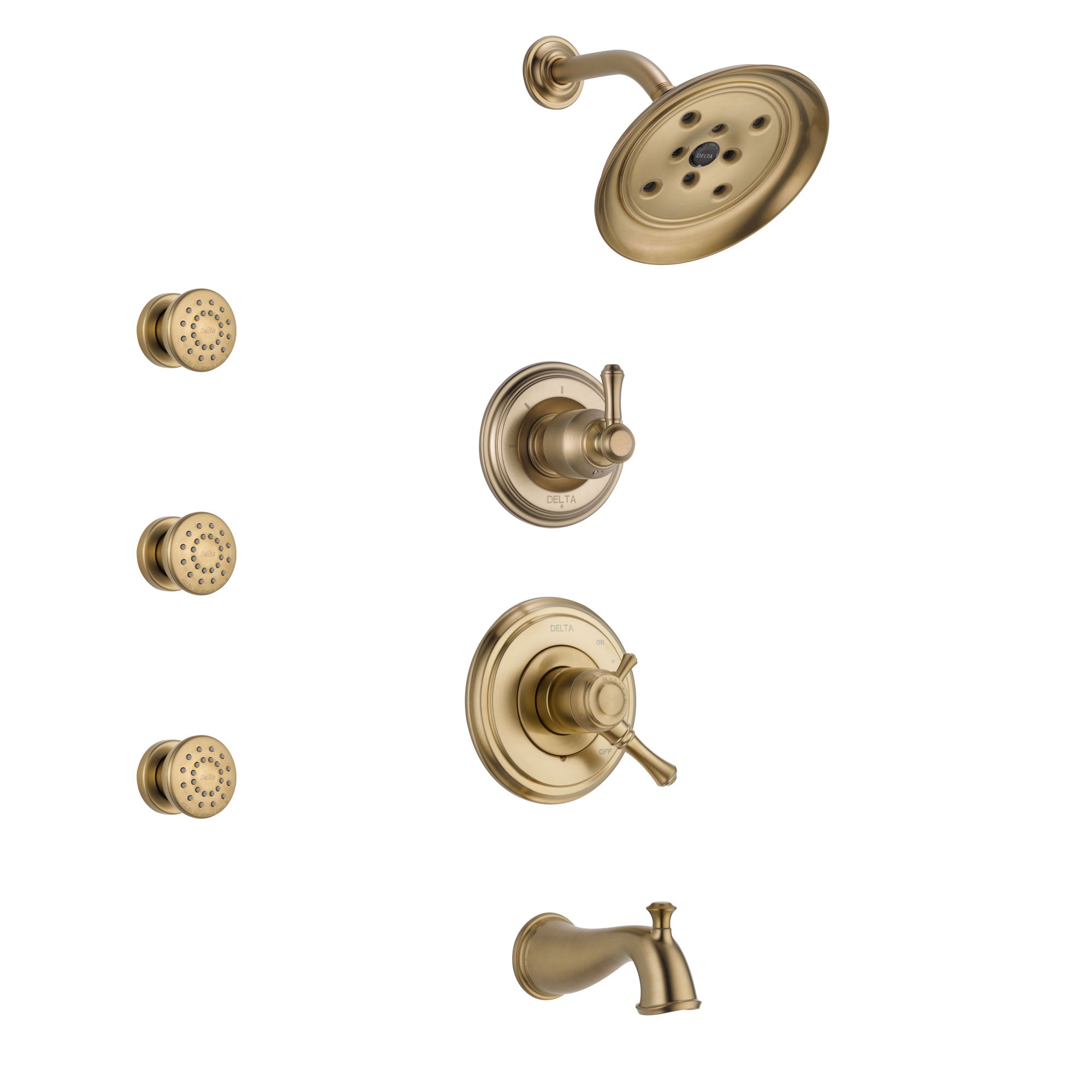 Delta Cassidy Champagne Bronze Finish Tub and Shower System with Dual Control Handle, 3-Setting Diverter, Showerhead, and 3 Body Sprays SS17497CZ1