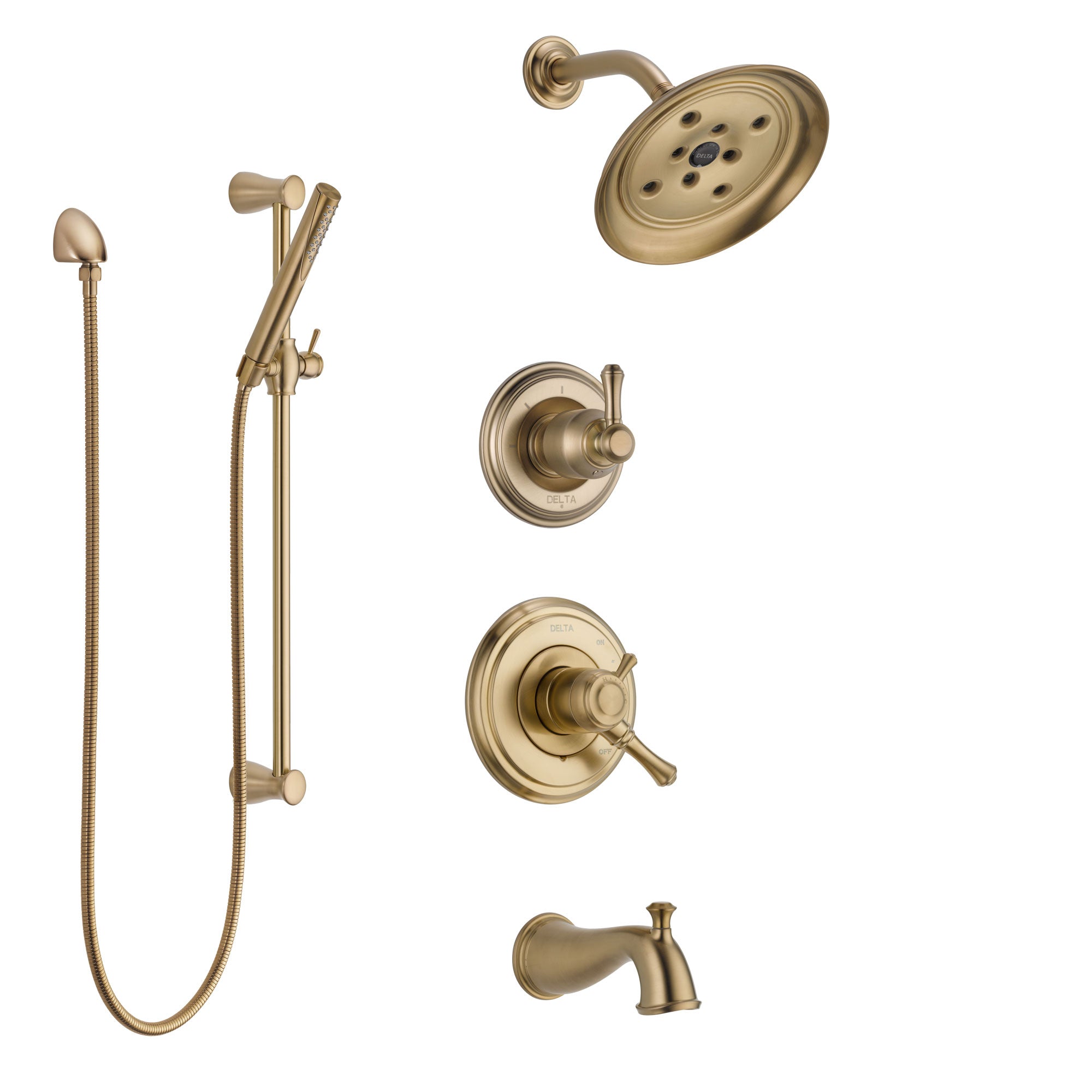 Delta Cassidy Champagne Bronze Tub and Shower System with Dual Control Handle, Diverter, Showerhead, and Hand Shower with Slidebar SS17497CZ2