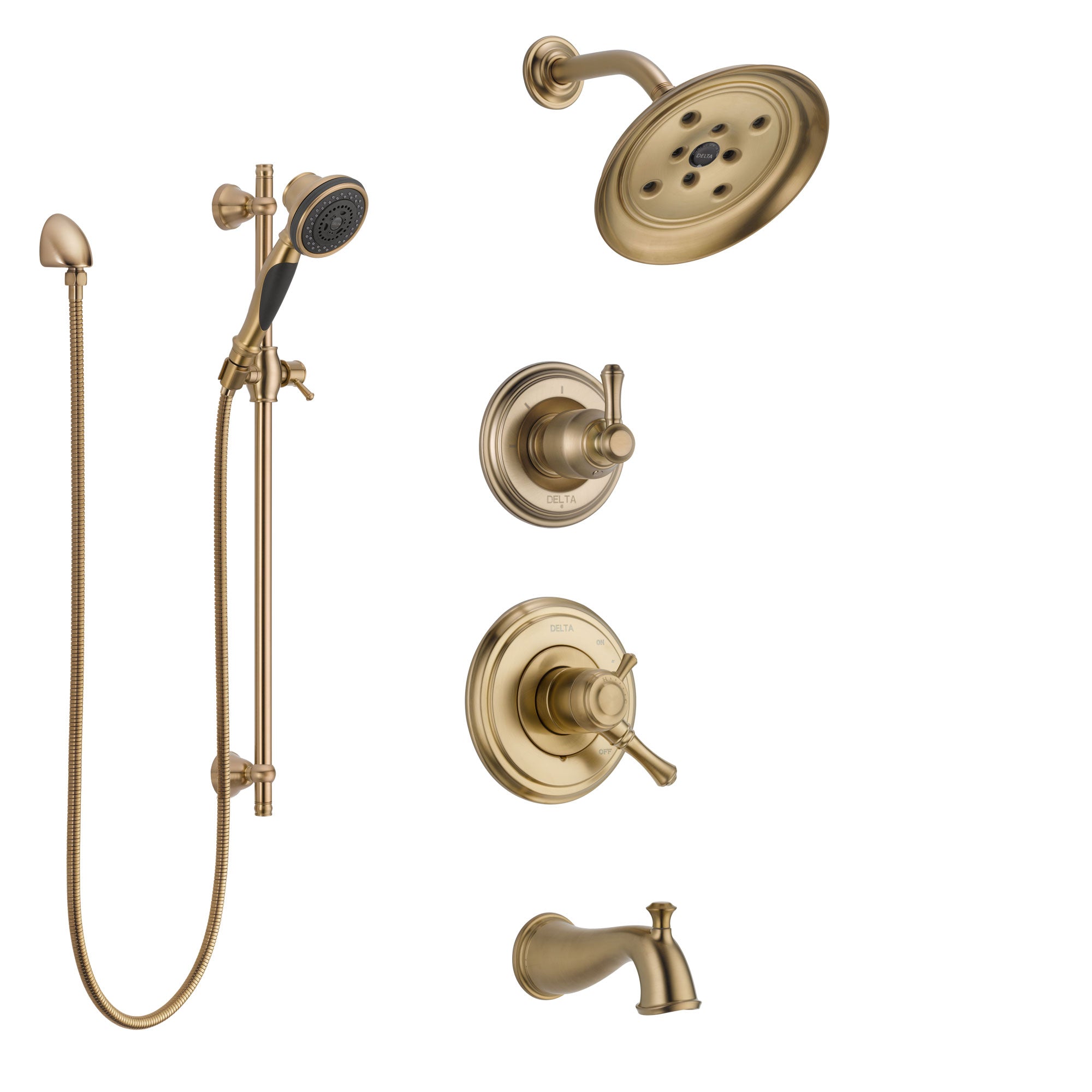 Delta Cassidy Champagne Bronze Tub and Shower System with Dual Control Handle, Diverter, Showerhead, and Hand Shower with Slidebar SS17497CZ3