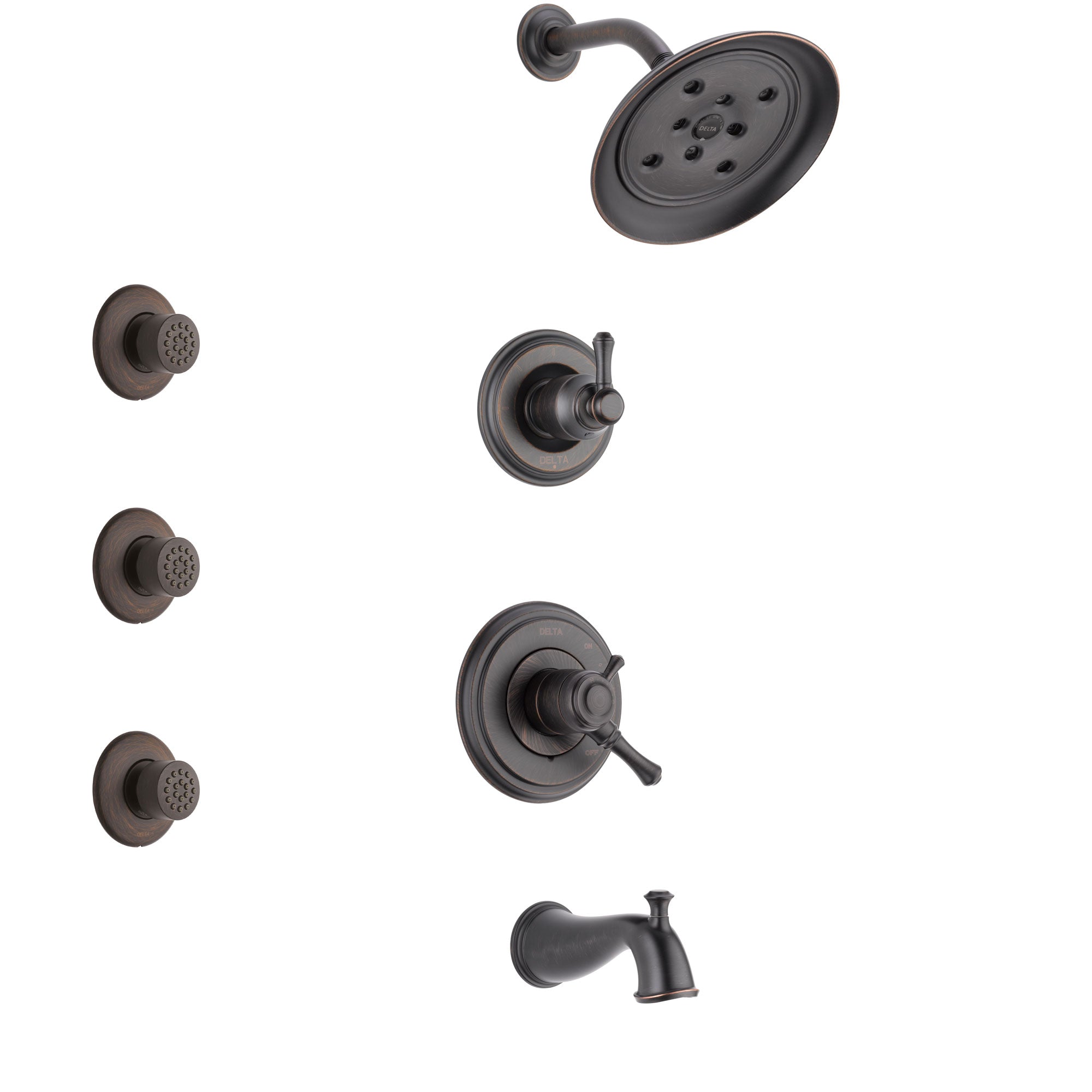 Delta Cassidy Venetian Bronze Finish Tub and Shower System with Dual Control Handle, 3-Setting Diverter, Showerhead, and 3 Body Sprays SS17497RB1