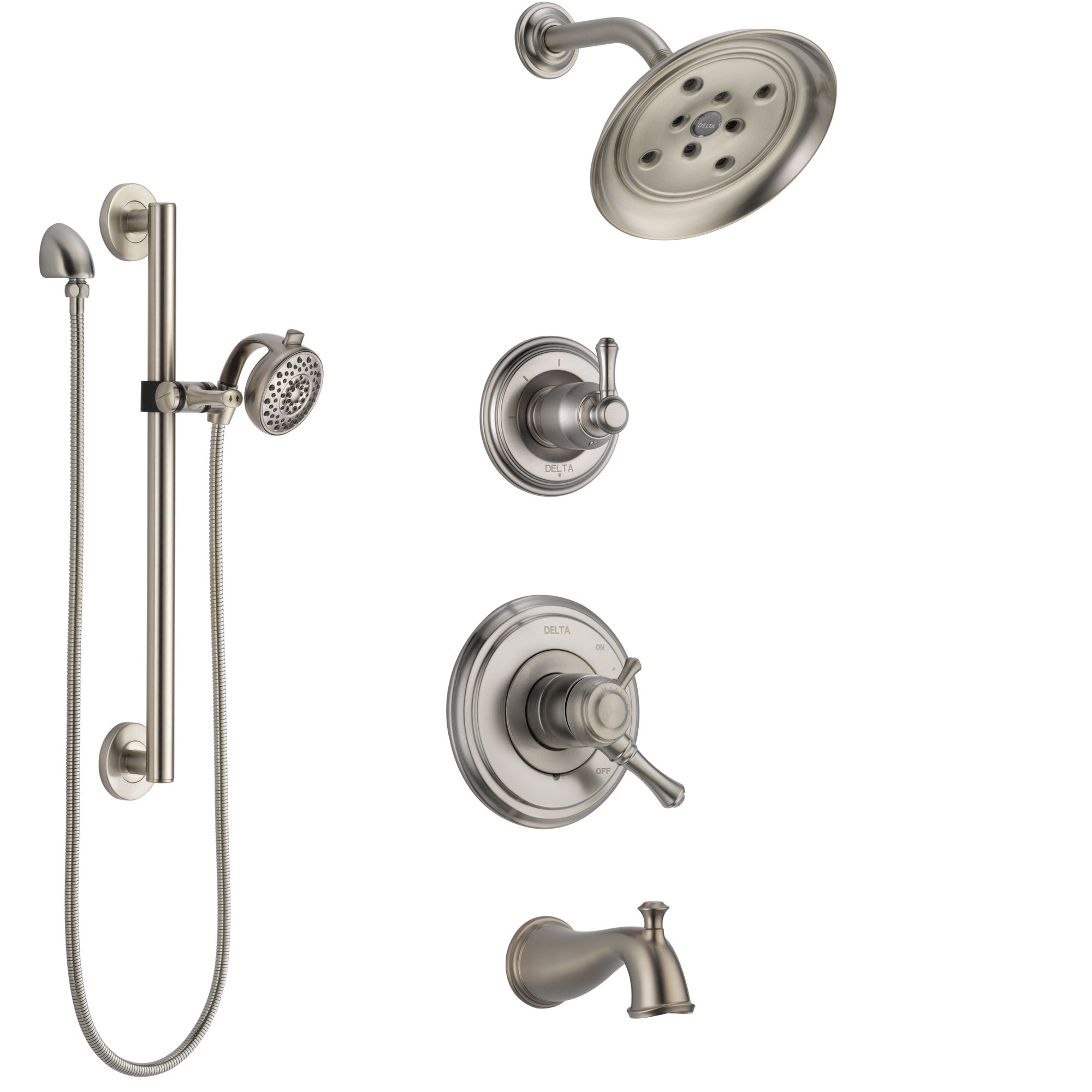 Delta Cassidy Stainless Steel Finish Tub and Shower System with Dual Control Handle, Diverter, Showerhead, and Hand Shower with Grab Bar SS17497SS6