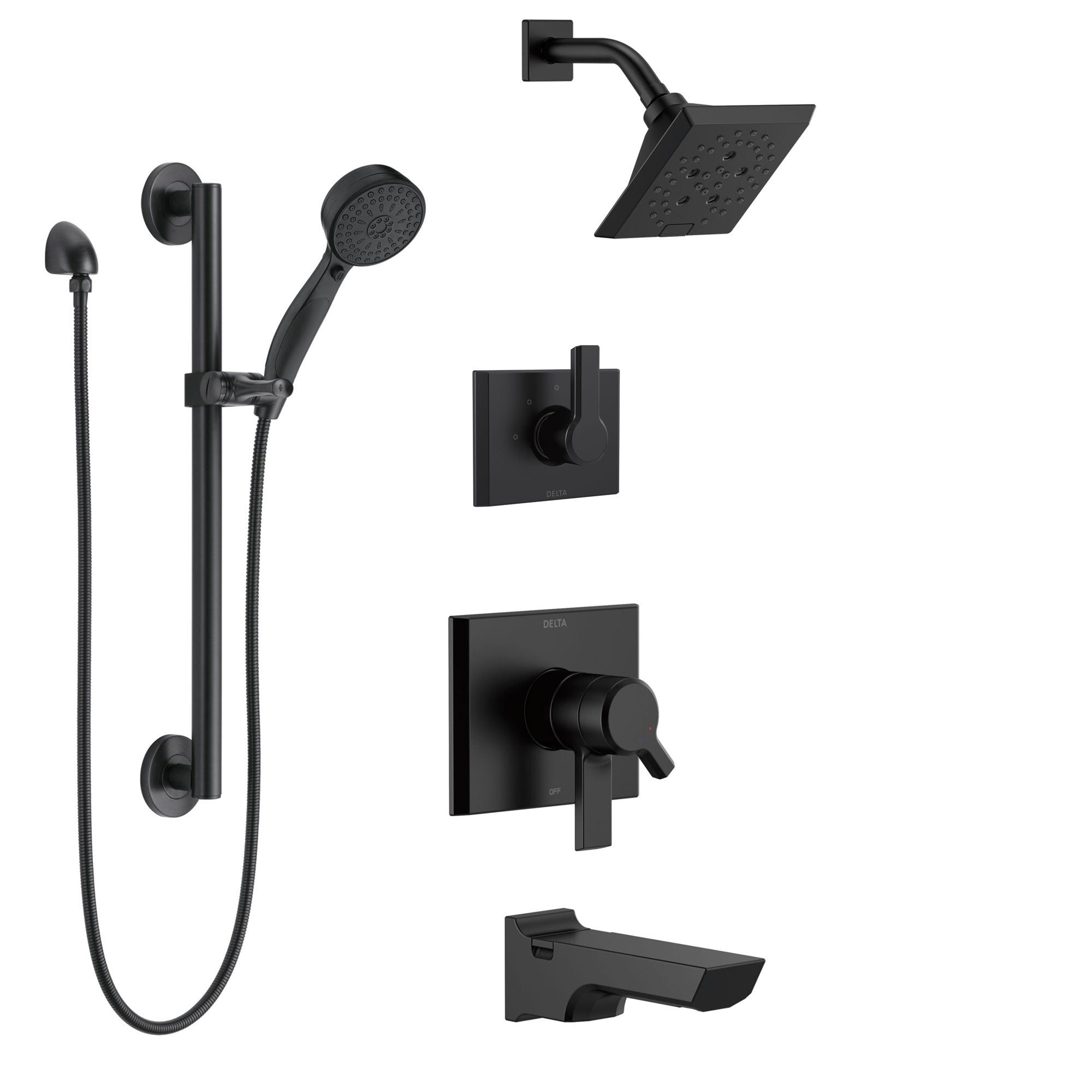 Delta Pivotal Matte Black Finish Modern Angular 17 Series Tub and Shower System with Hand Shower on Grab Bar and Multi-Setting Showerhead SS174993BL1