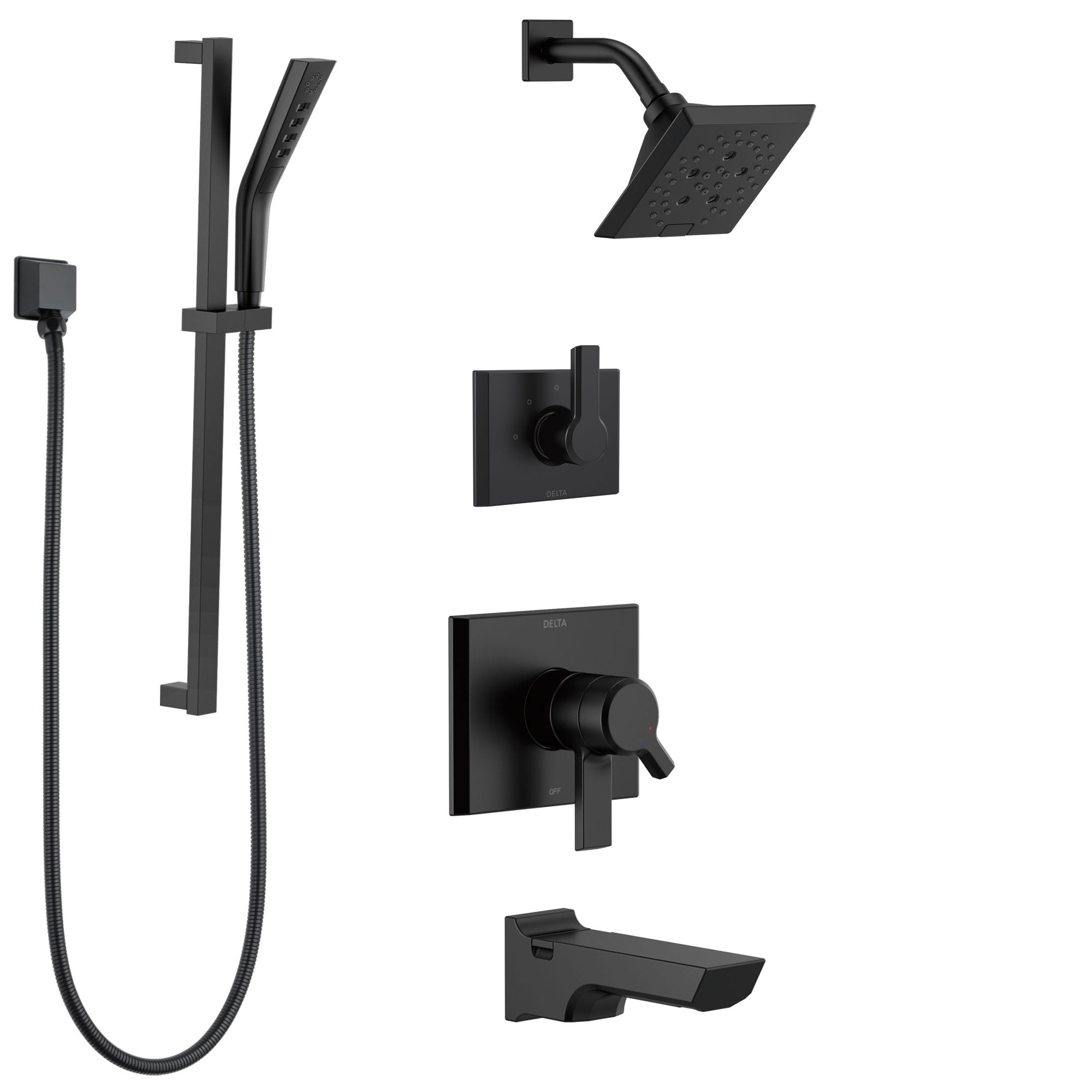 Delta Pivotal Matte Black Finish Modern Angular 17 Series Tub and Shower System with Hand Shower on Slide Bar and Multi-Setting Showerhead SS174993BL2