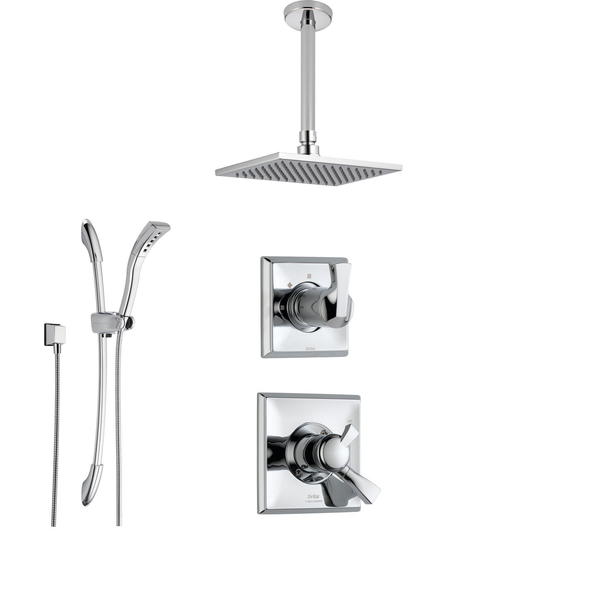 Delta Dryden Chrome Shower System with Dual Control Shower Handle, 3-setting Diverter, Modern Square Ceiling Mount Showerhead, and Hand Shower Spray SS175182