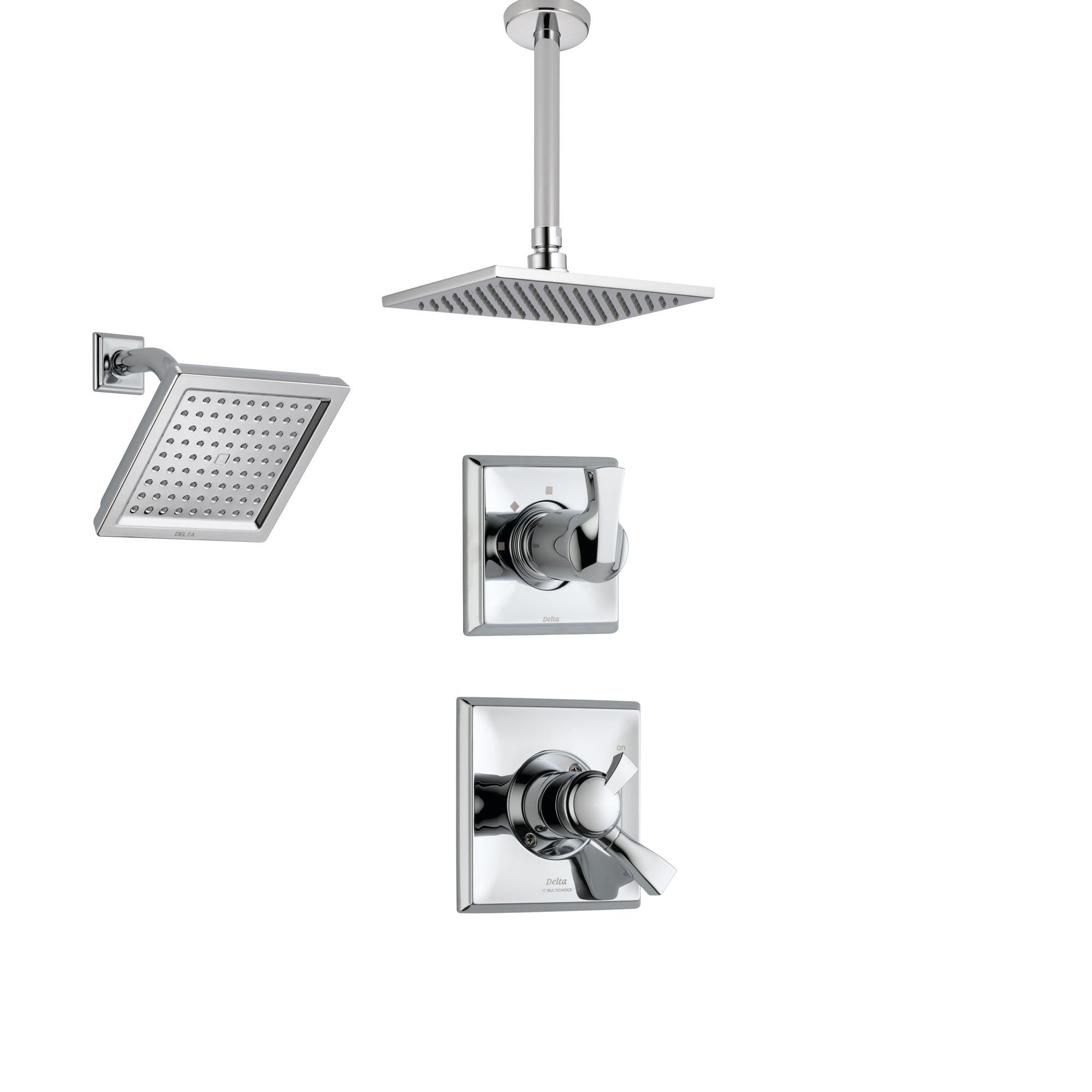 Delta Dryden Chrome Shower System with Dual Control Shower Handle, 3-setting Diverter, Modern Square Ceiling Mount Showerhead, and Wall Mount Showerhead SS175184