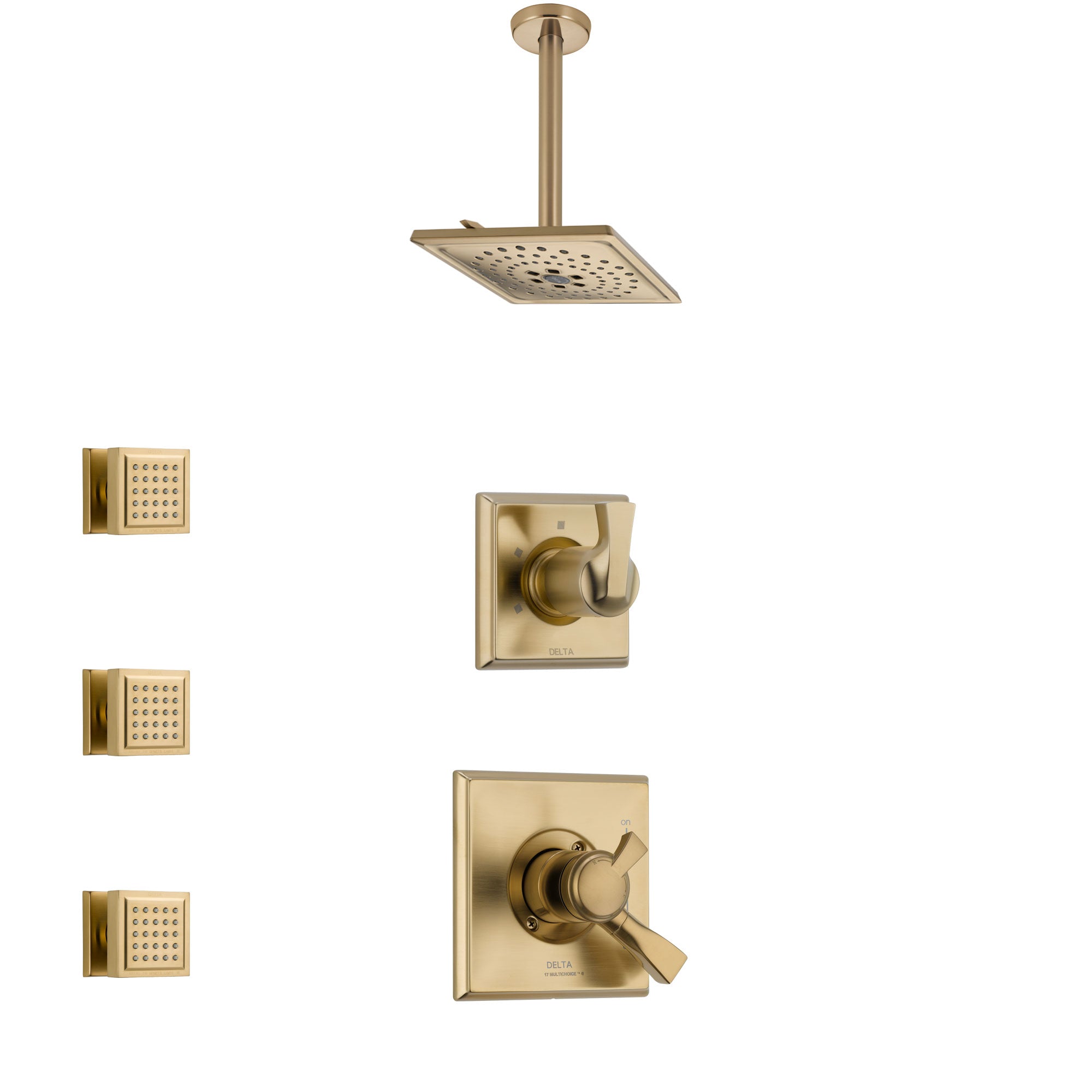 Delta Dryden Champagne Bronze Finish Shower System with Dual Control Handle, 3-Setting Diverter, Ceiling Mount Showerhead, and 3 Body Sprays SS1751CZ8