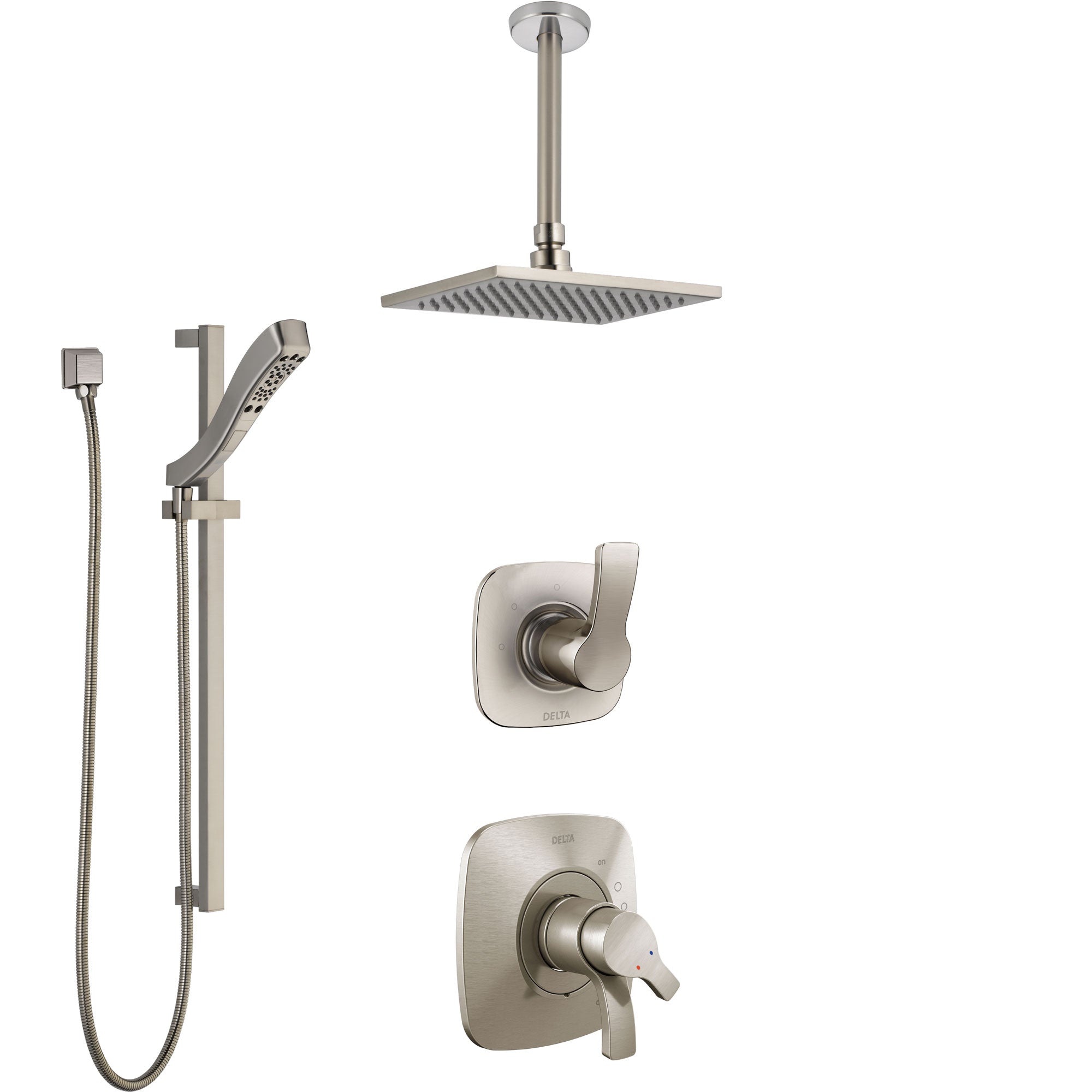Delta Tesla Stainless Steel Finish Shower System with Dual Control Handle, Diverter, Ceiling Mount Showerhead, and Hand Shower with Slidebar SS1752SS5