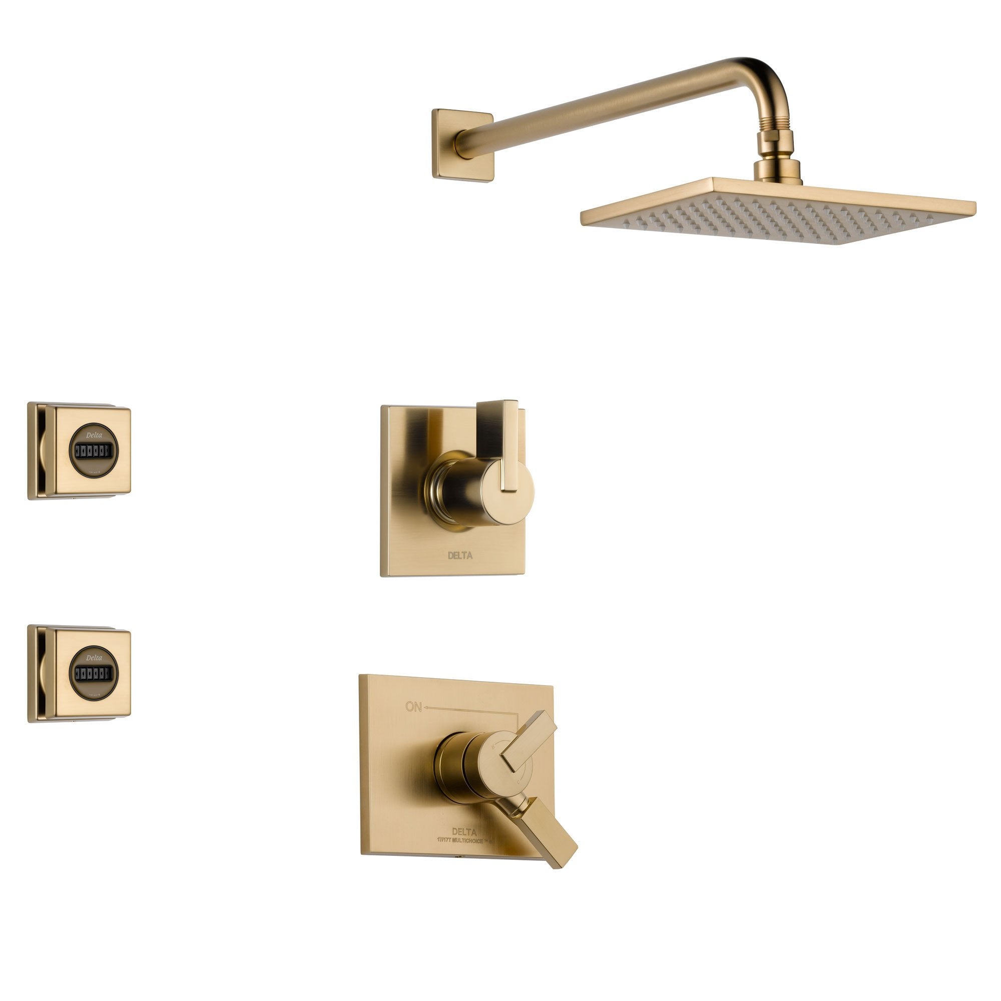 Delta Vero Champagne Bronze Shower System with Dual Control Shower Handle, 3-setting Diverter, Modern Square Large Rain Showerhead, and 2 Body Sprays SS175382CZ