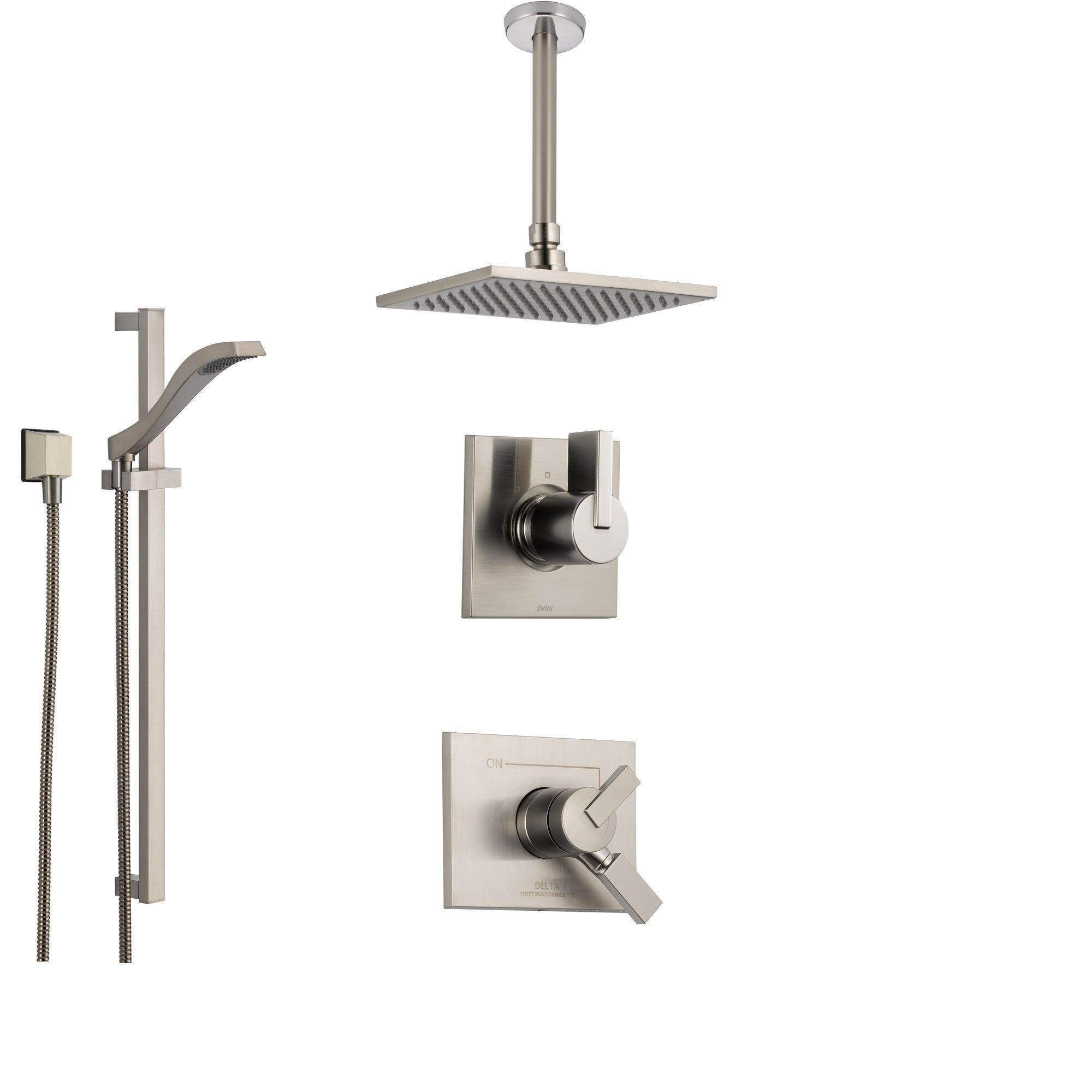 Delta Vero Stainless Steel Shower System with Dual Control Shower Handle, 3-setting Diverter, Large Square Ceiling Mount Showerhead, and Handheld Shower SS175383SS