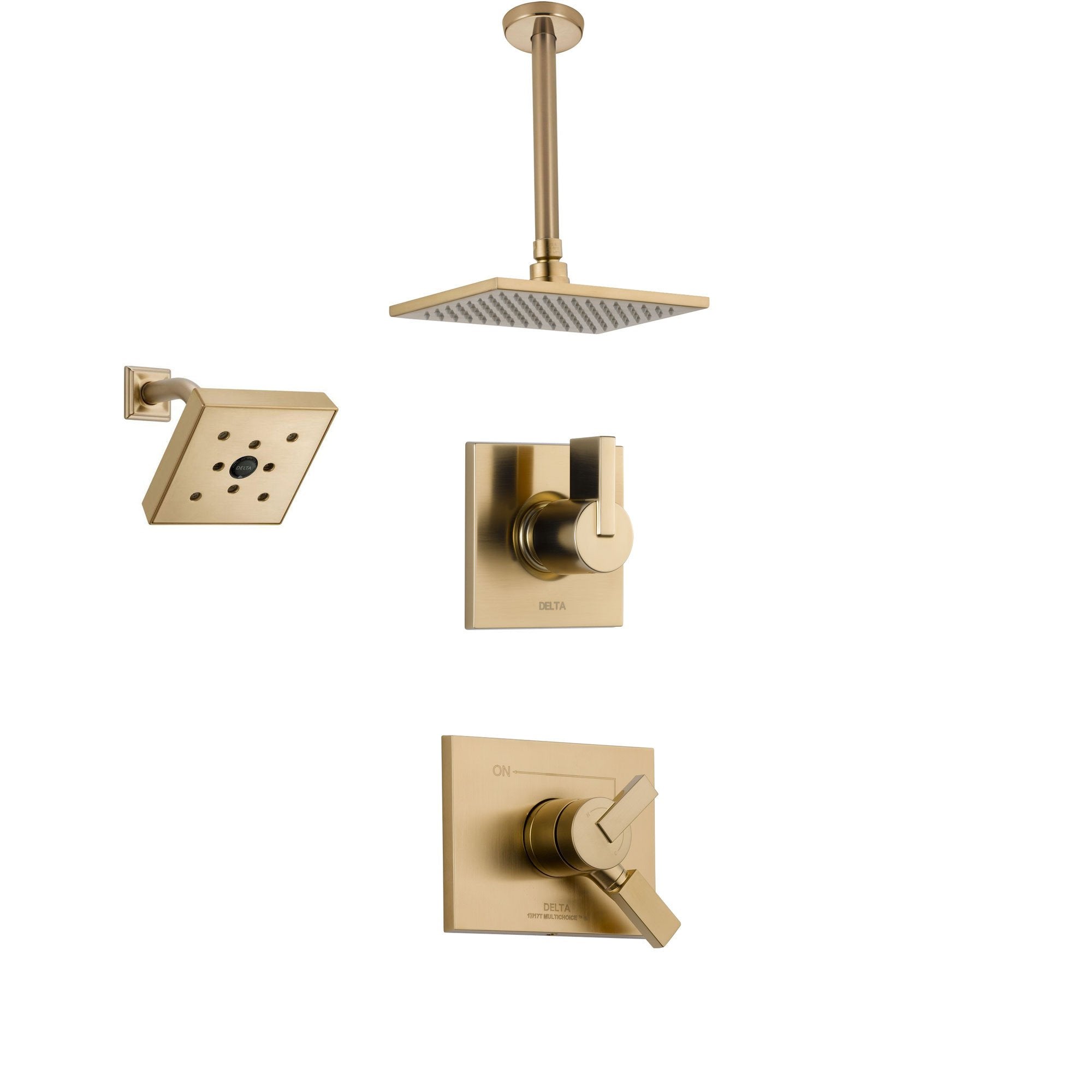 Delta Vero Champagne Bronze Shower System with Dual Control Shower Handle, 3-setting Diverter, Large Modern Square Ceiling Mount Showerhead, and Wall Mount Showerhead SS175384CZ