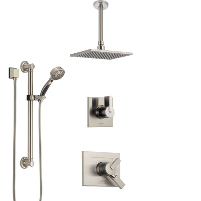 Delta Vero Stainless Steel Finish Shower System with Dual Control Handle, Diverter, Ceiling Mount Showerhead, and Hand Shower with Grab Bar SS1753SS1