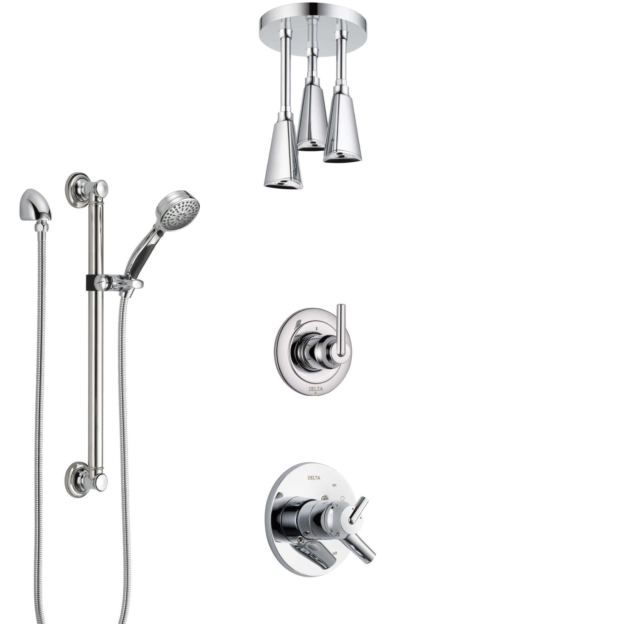 Delta Trinsic Chrome Finish Shower System with Dual Control Handle, Diverter, Ceiling Mount Showerhead, and Hand Shower with Grab Bar SS17593