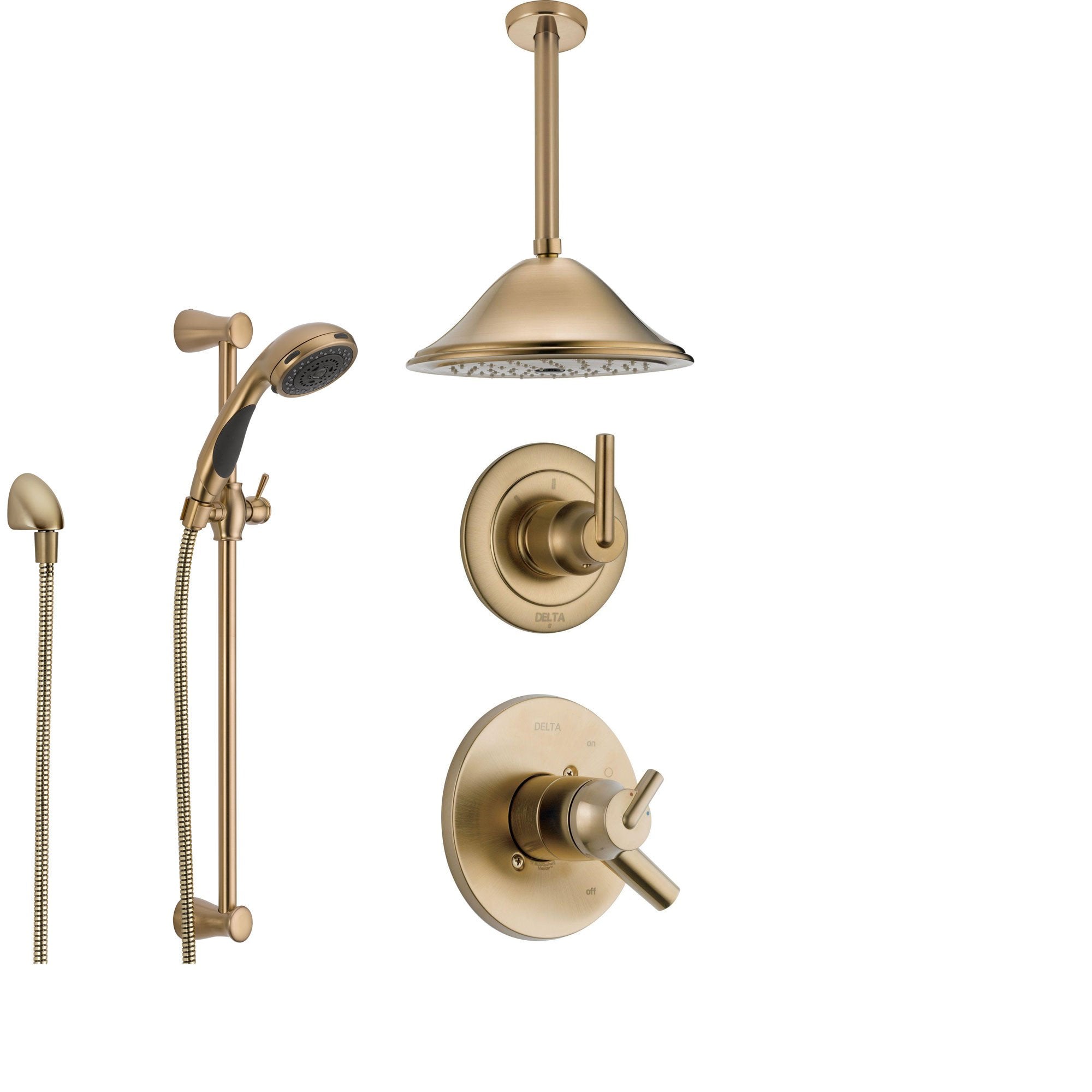 Delta Trinsic Champagne Bronze Shower System with Dual Control Shower Handle, 3-setting Diverter, Large Rain Ceiling Mount Showerhead, and Handheld Spray SS175982CZ