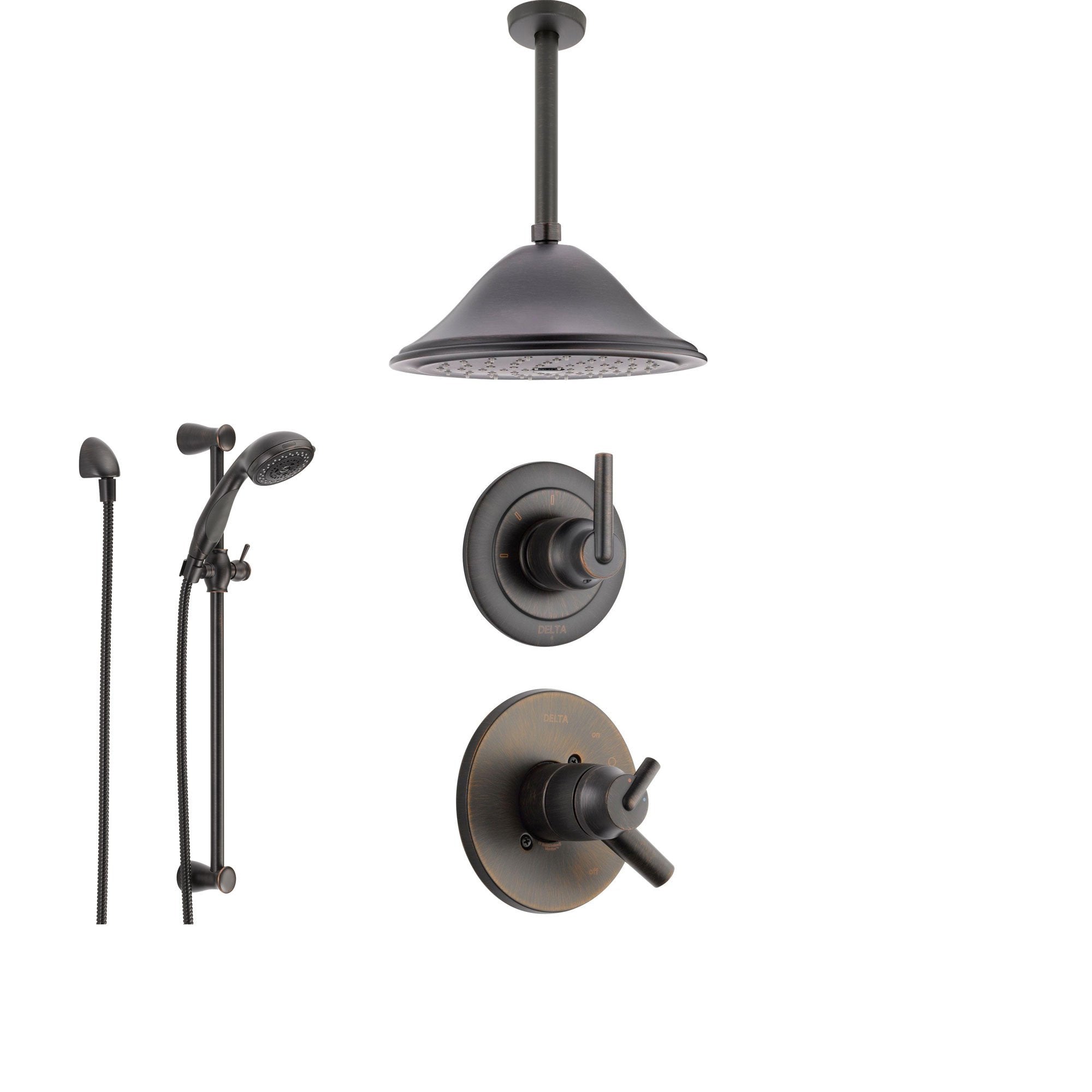 Delta Trinsic Venetian Bronze Shower System with Dual Control Shower Handle, 3-setting Diverter, Large Ceiling Mount Rain Showerhead, and Handheld Shower SS175982RB