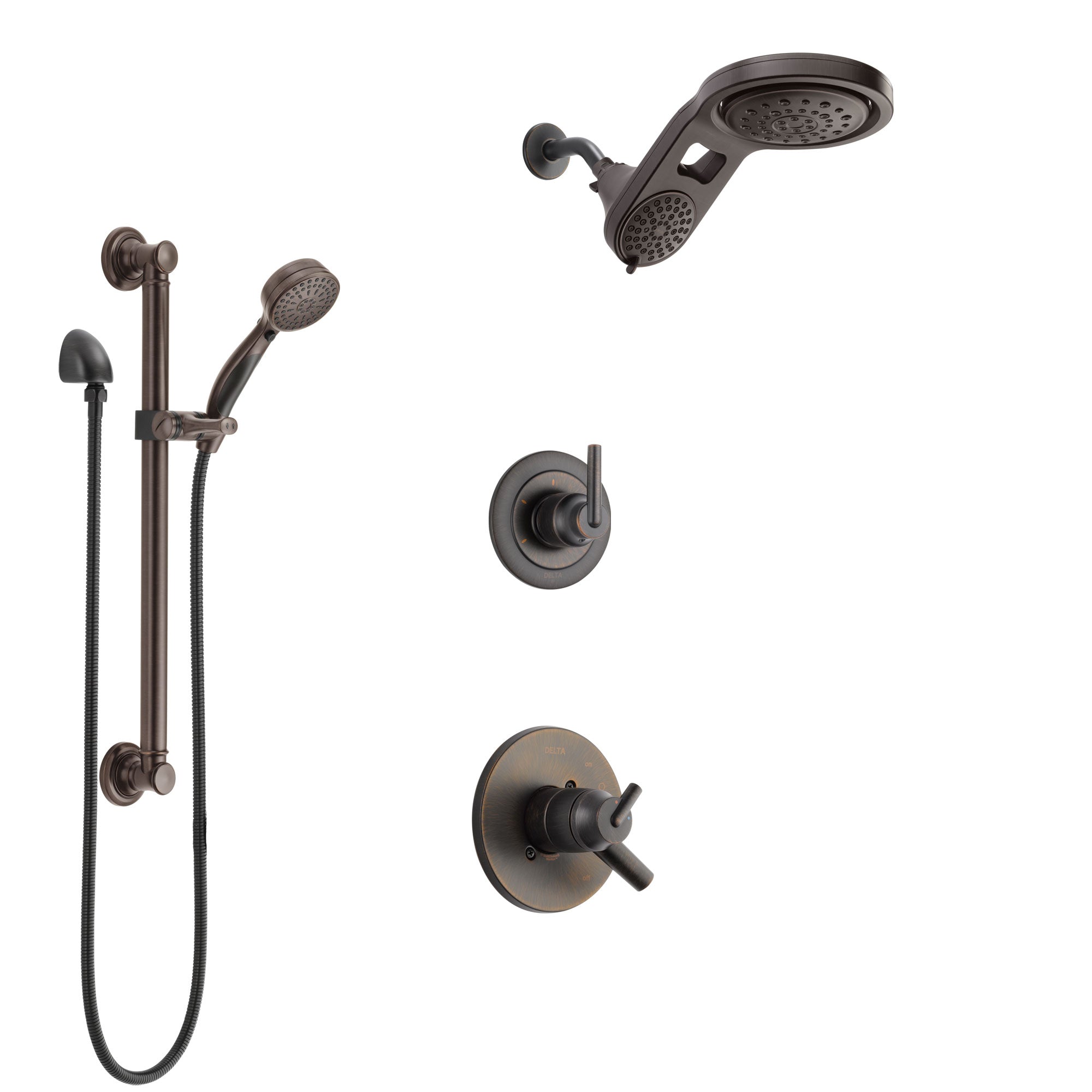 Delta Trinsic Venetian Bronze Shower System with Dual Control Handle, 3-Setting Diverter, Dual Showerhead, and Hand Shower with Grab Bar SS1759RB1