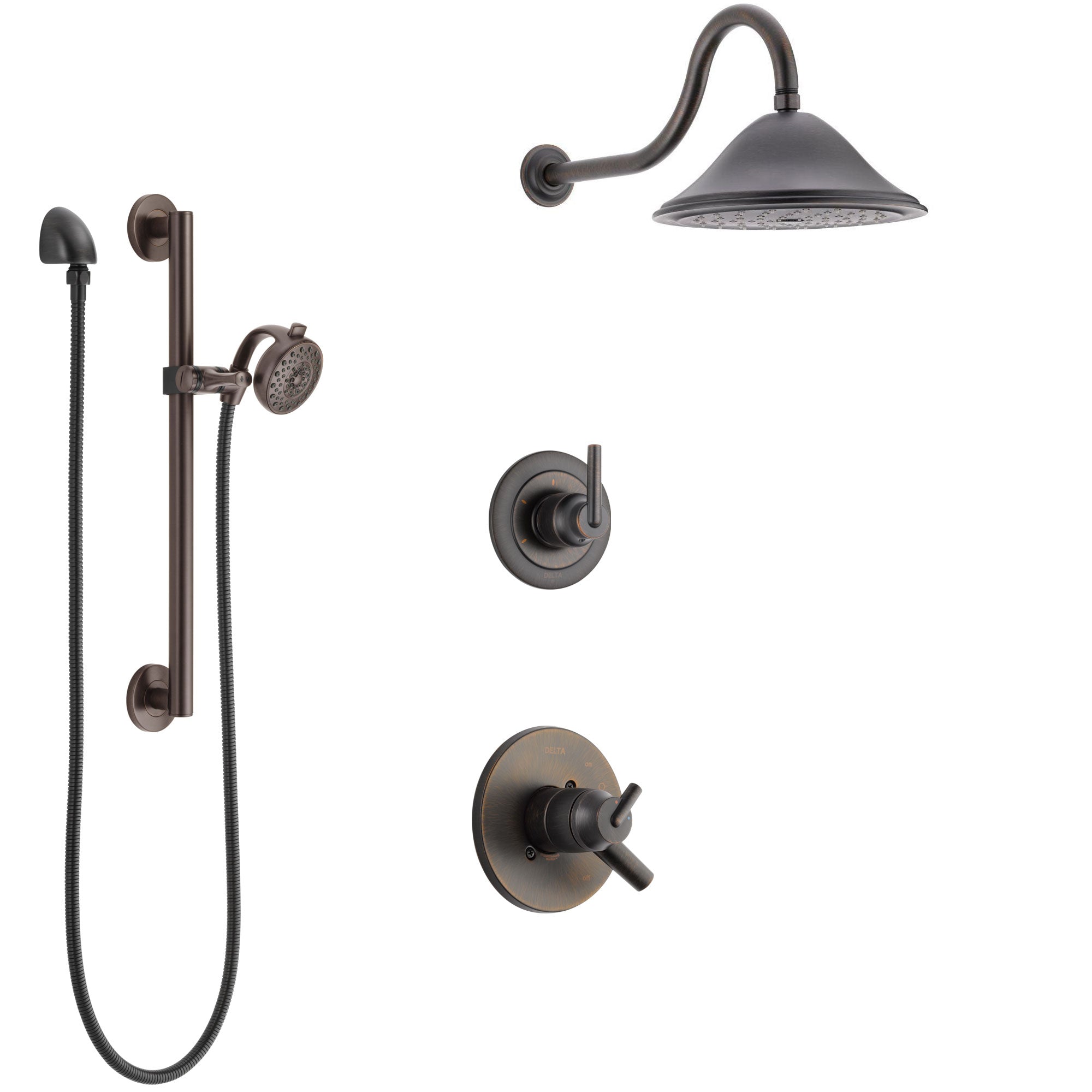 Delta Trinsic Venetian Bronze Finish Shower System with Dual Control Handle, 3-Setting Diverter, Showerhead, and Hand Shower with Grab Bar SS1759RB6