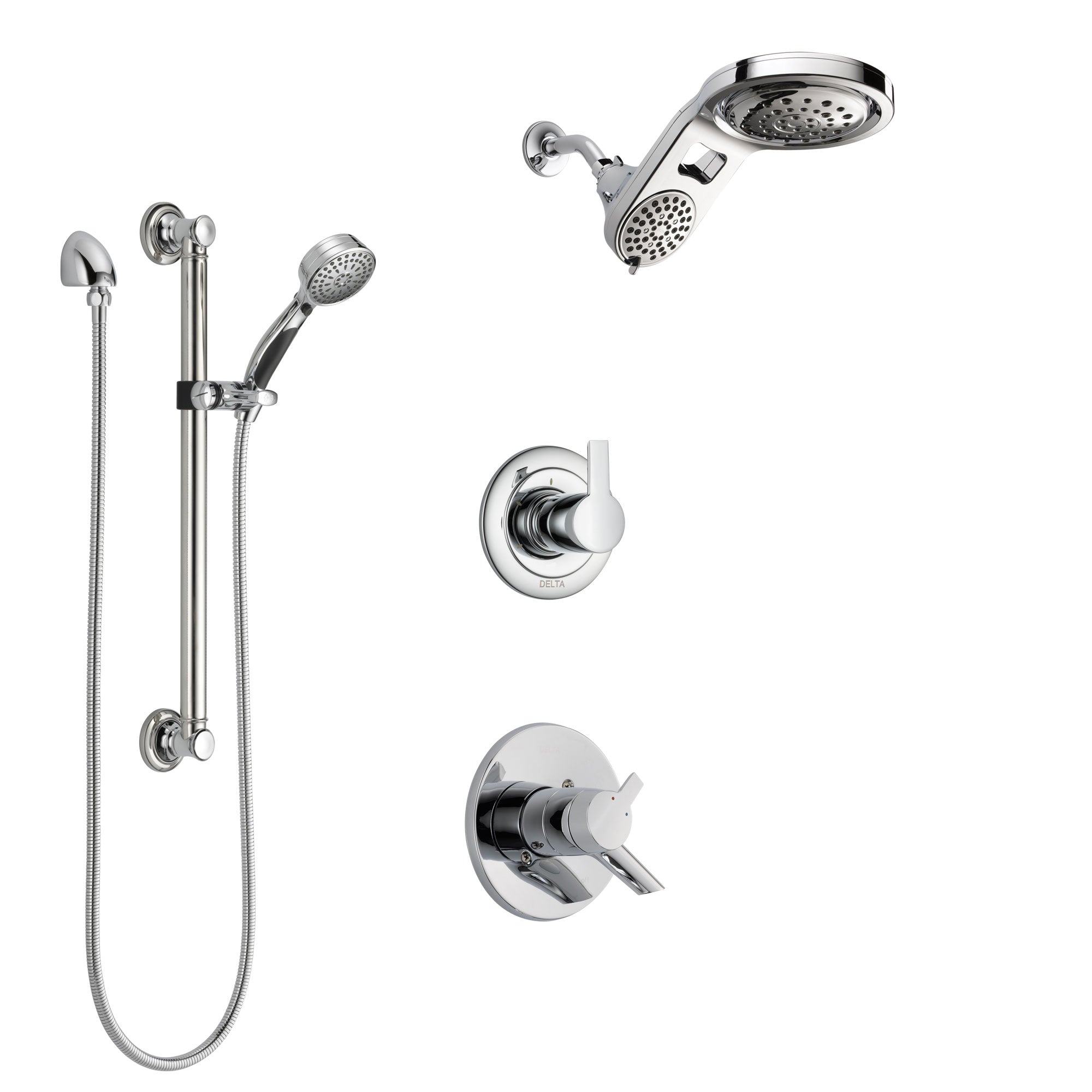 Delta Compel Chrome Finish Shower System with Dual Control Handle, 3-Setting Diverter, Dual Showerhead, and Hand Shower with Grab Bar SS17613