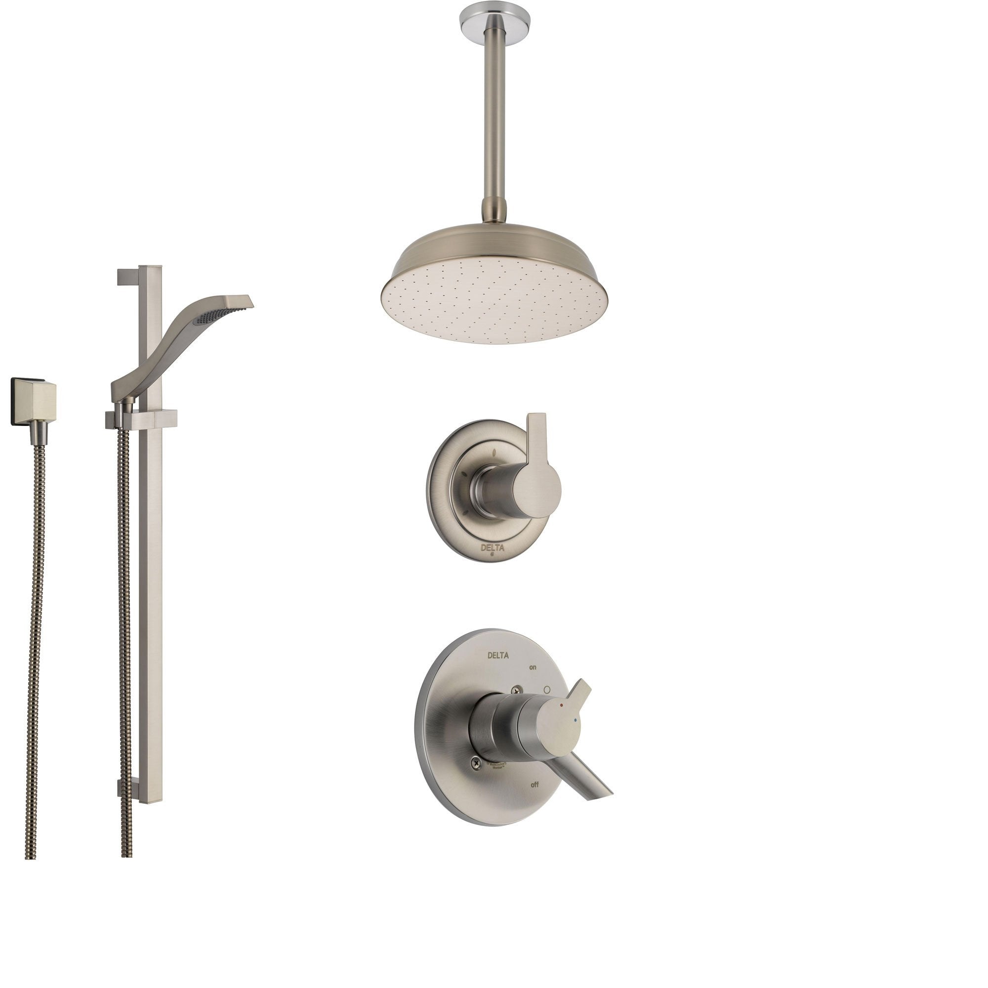 Delta Compel Stainless Steel Shower System with Dual Control Shower Handle, 3-setting Diverter, Large Round Ceiling Mount Showerhead, and Handheld Shower Spray SS176181SS