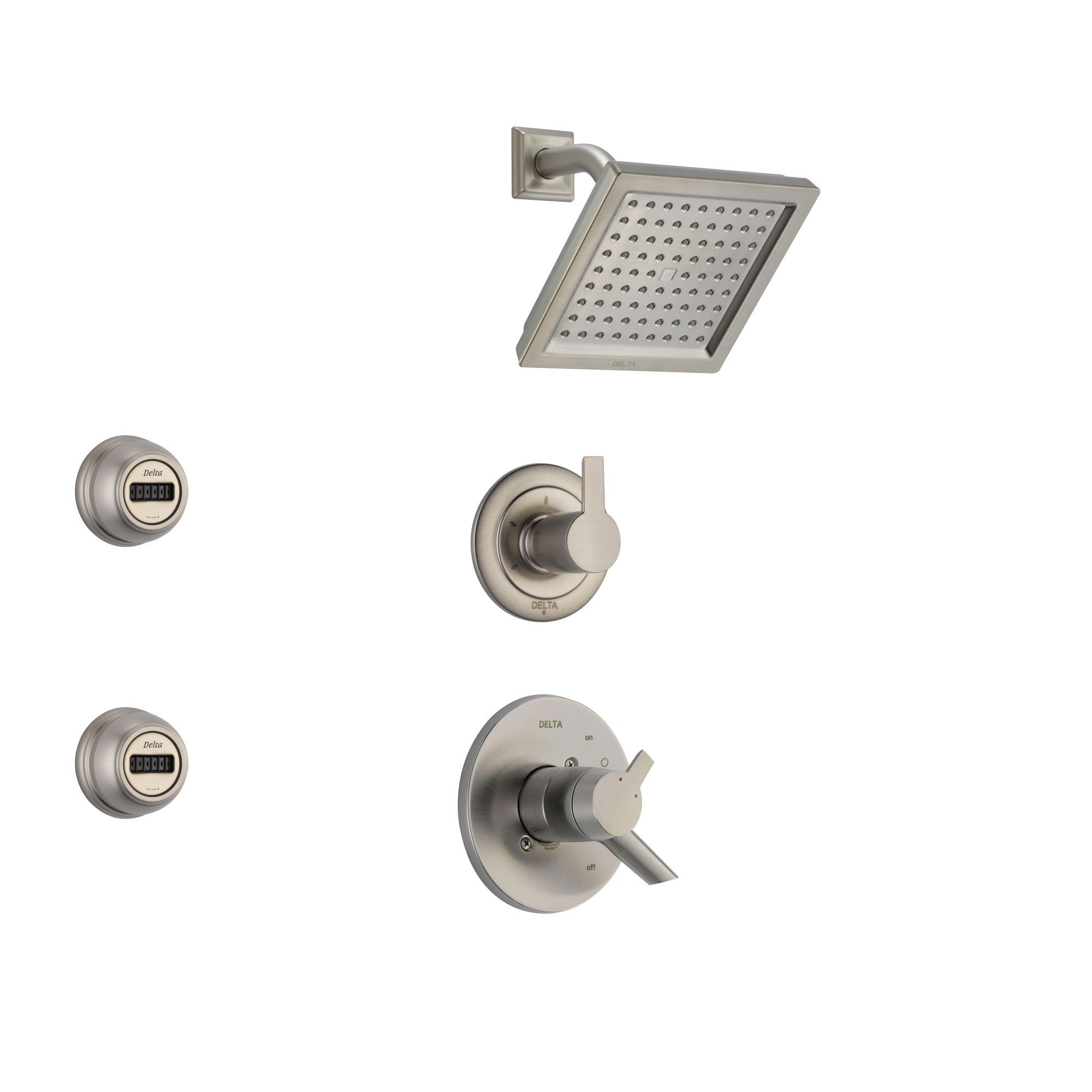 Delta Compel Stainless Steel Shower System with Dual Control Shower Handle, 3-setting Diverter, Modern Square Showerhead, and 2 Body Sprays SS176185SS