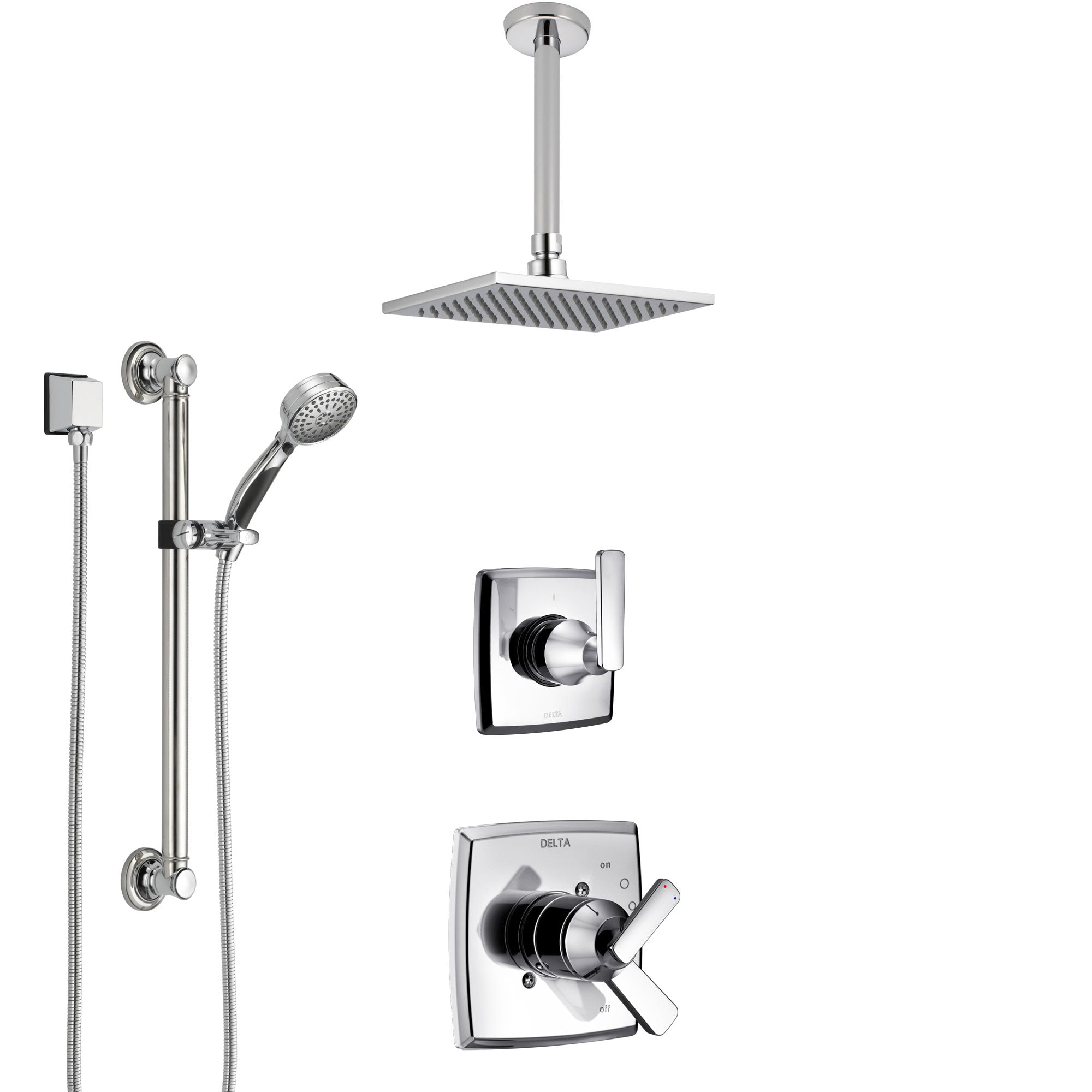 Delta Ashlyn Chrome Finish Shower System with Dual Control Handle, 3-Setting Diverter, Ceiling Mount Showerhead, and Hand Shower with Grab Bar SS17641