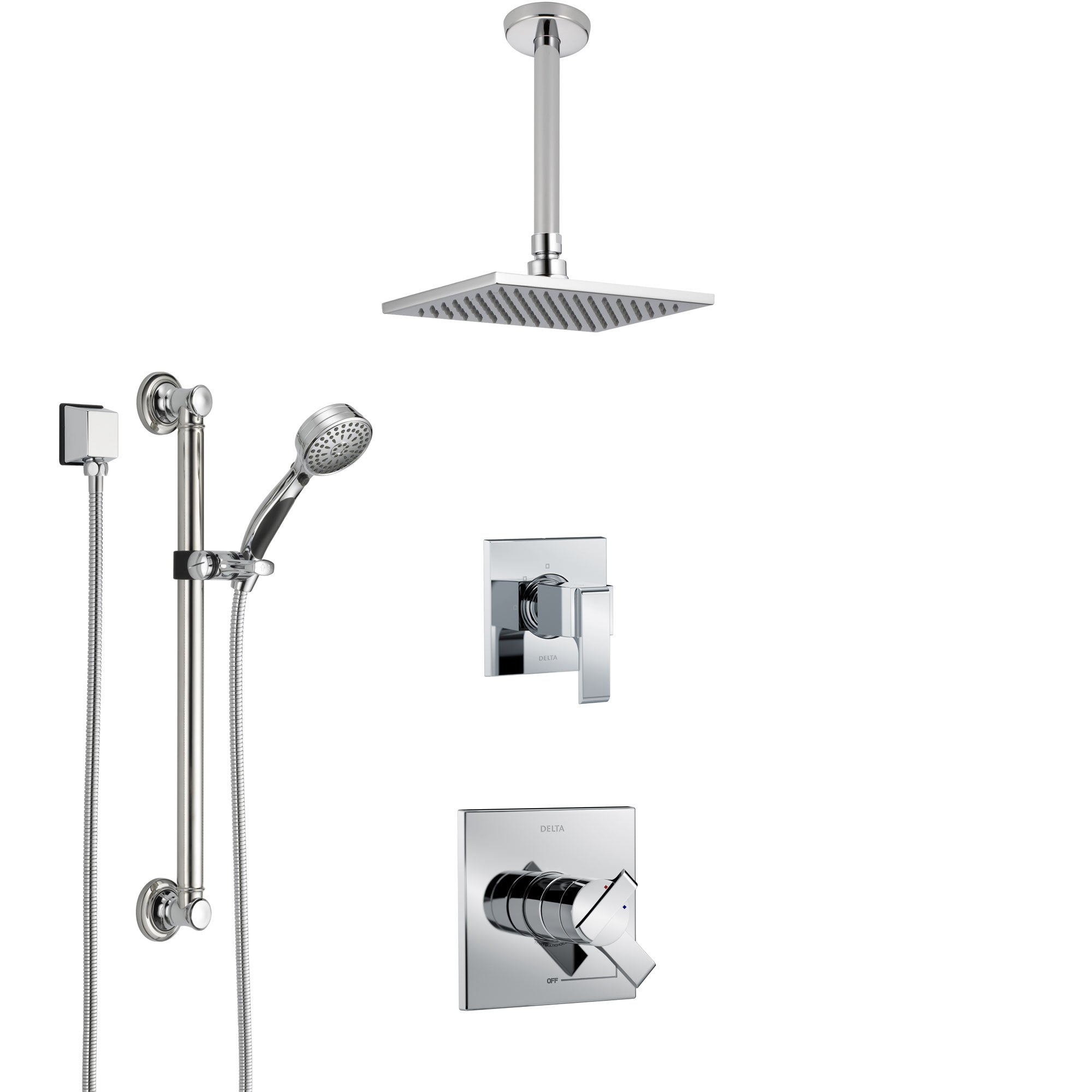 Delta Ara Chrome Finish Shower System with Dual Control Handle, 3-Setting Diverter, Ceiling Mount Showerhead, and Hand Shower with Grab Bar SS17671