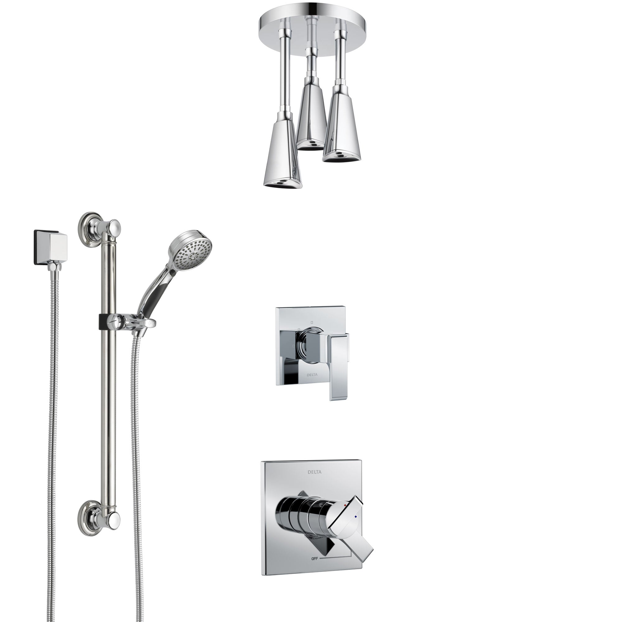Delta Ara Chrome Finish Shower System with Dual Control Handle, 3-Setting Diverter, Ceiling Mount Showerhead, and Hand Shower with Grab Bar SS17672