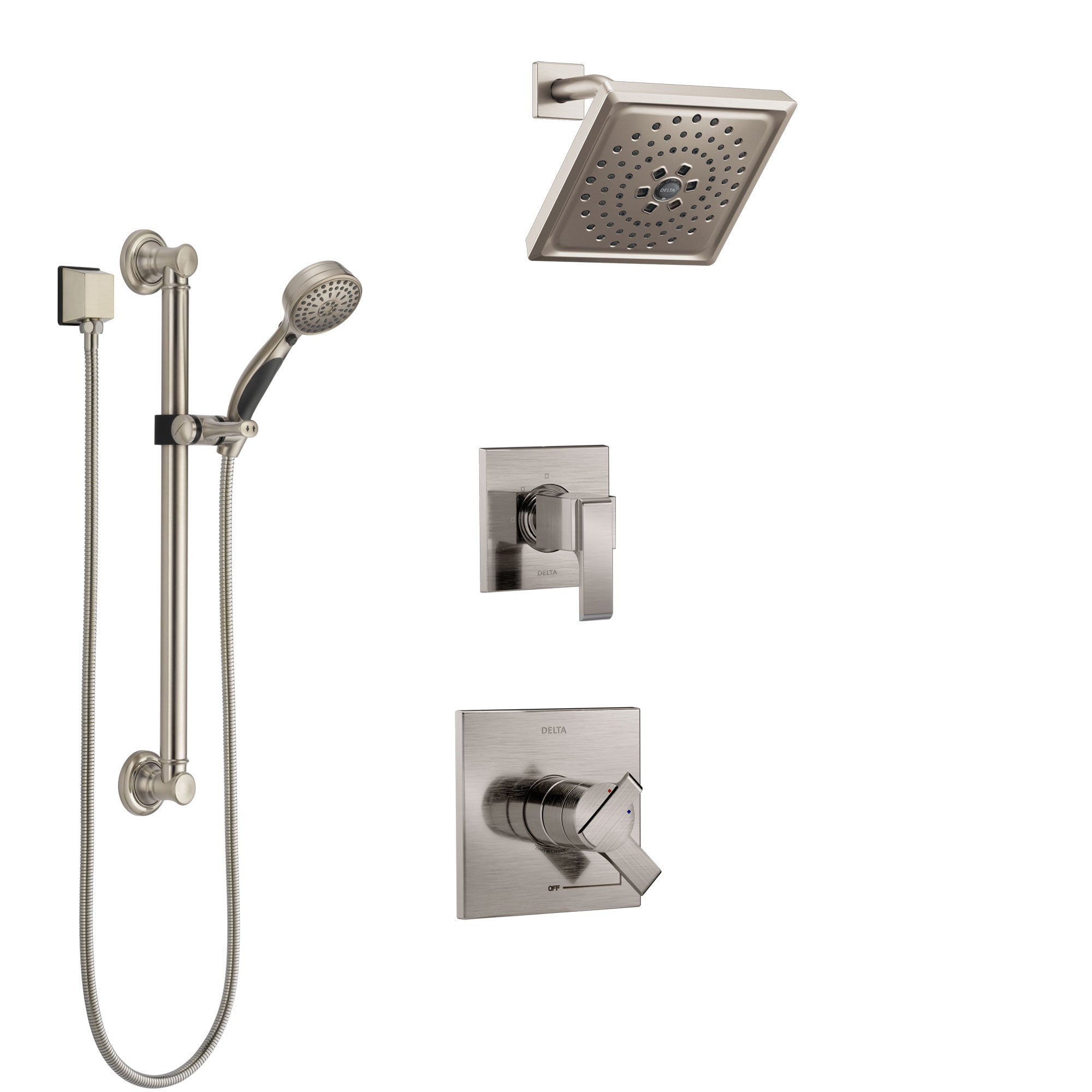 Delta Ara Stainless Steel Finish Shower System with Dual Control Handle, 3-Setting Diverter, Showerhead, and Hand Shower with Grab Bar SS1767SS1