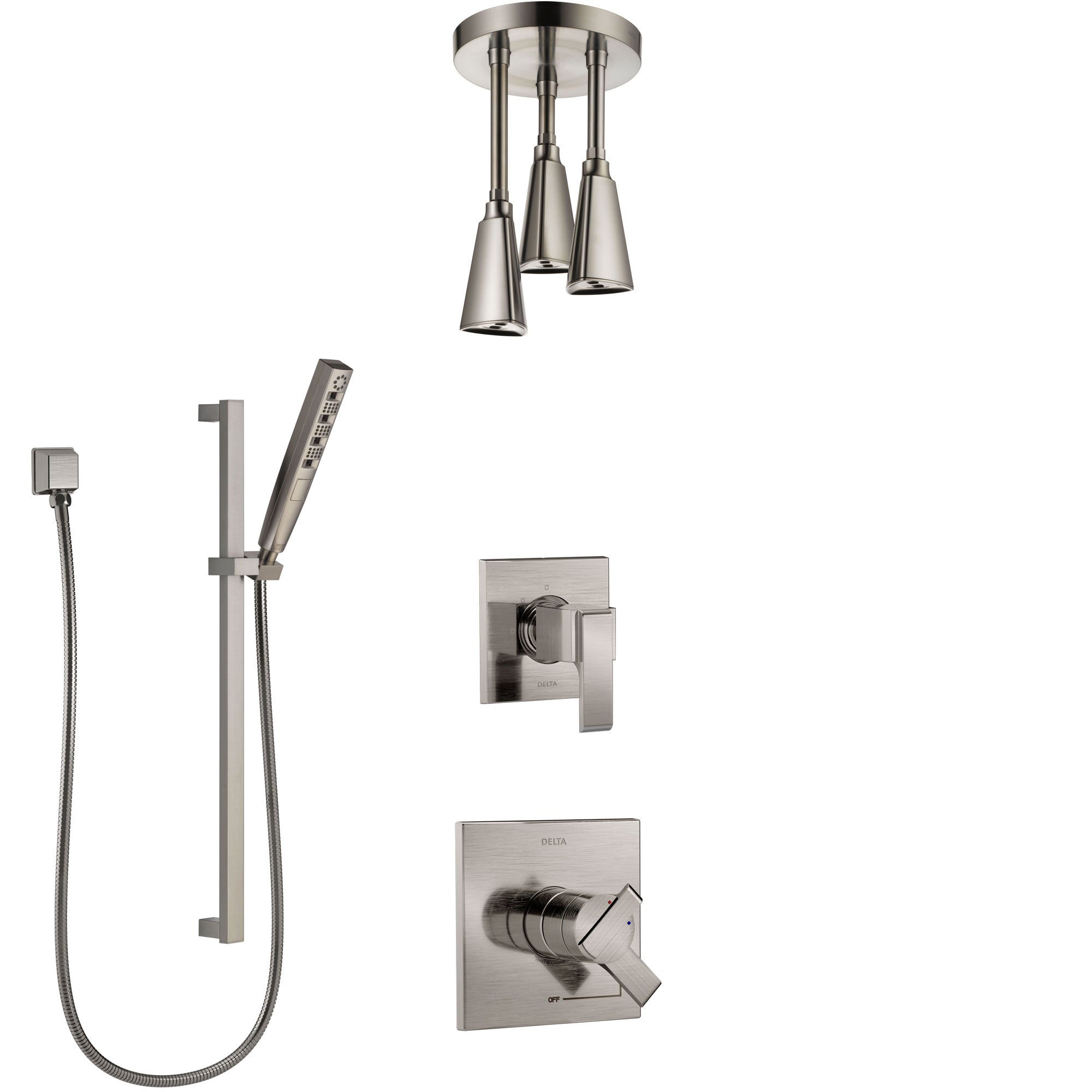 Delta Ara Stainless Steel Finish Shower System with Dual Control Handle, Diverter, Ceiling Mount Showerhead, and Hand Shower with Slidebar SS1767SS6