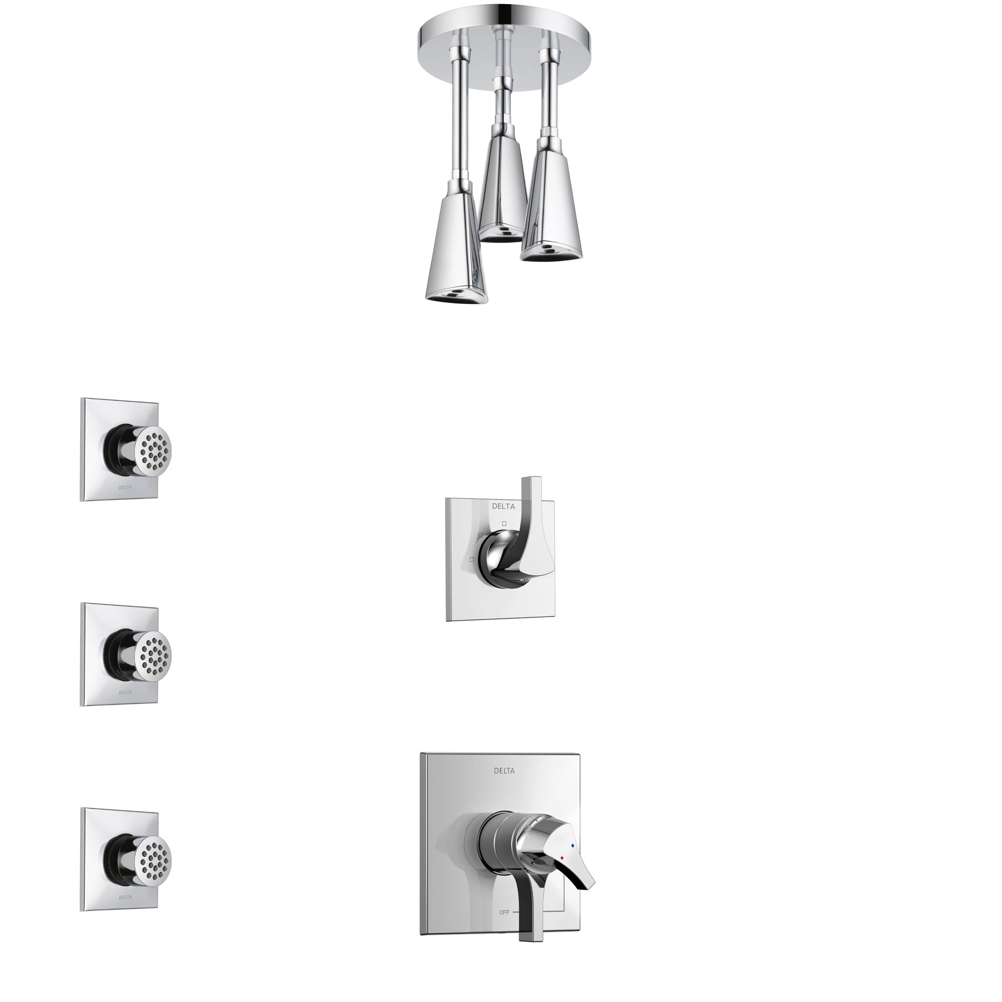 Delta Zura Chrome Finish Shower System with Dual Control Handle, 3-Setting Diverter, Ceiling Mount Showerhead, and 3 Body Sprays SS17744