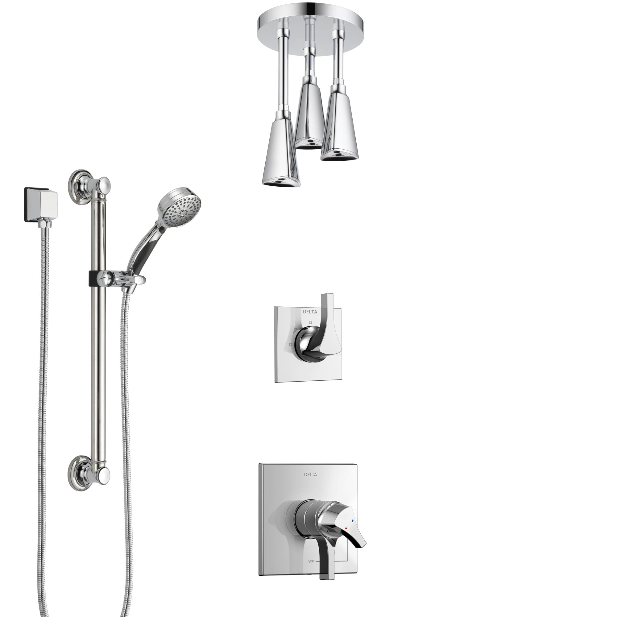 Delta Zura Chrome Finish Shower System with Dual Control Handle, 3-Setting Diverter, Ceiling Mount Showerhead, and Hand Shower with Grab Bar SS17745