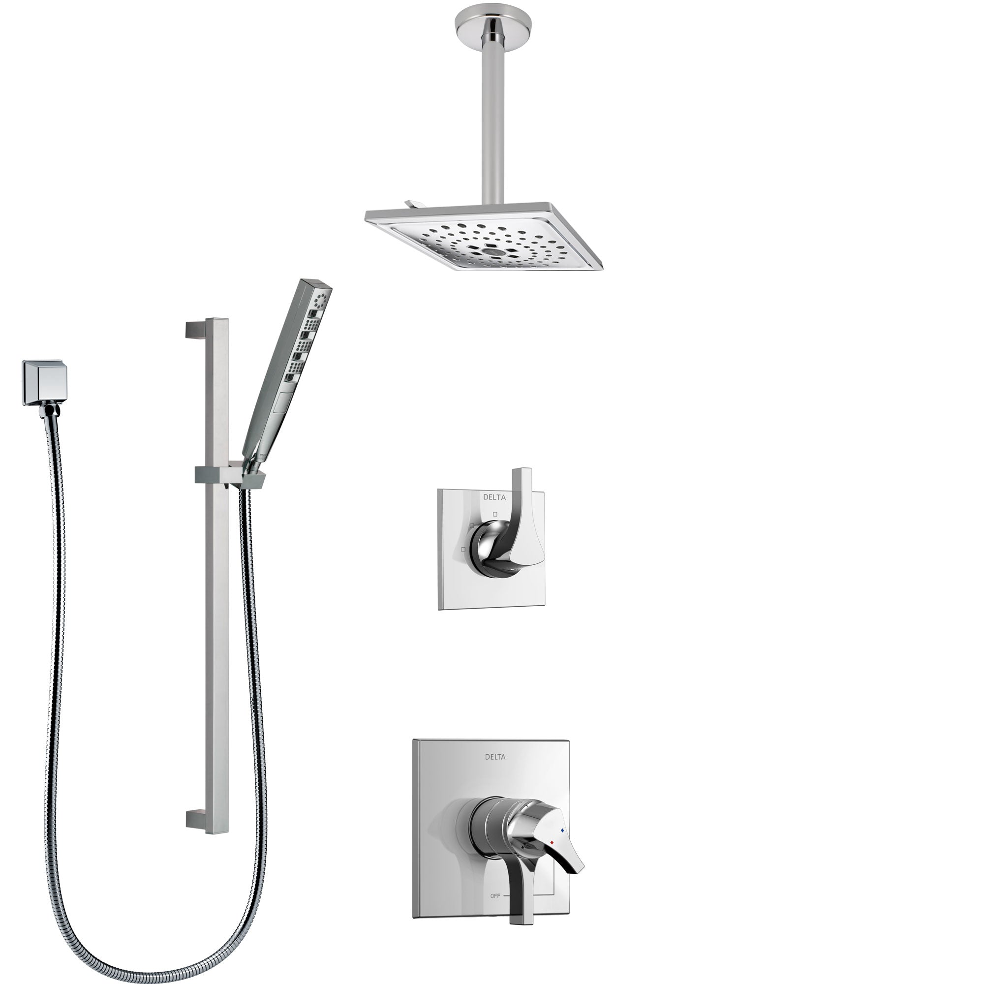 Delta Zura Chrome Finish Shower System with Dual Control Handle, 3-Setting Diverter, Ceiling Mount Showerhead, and Hand Shower with Slidebar SS17747