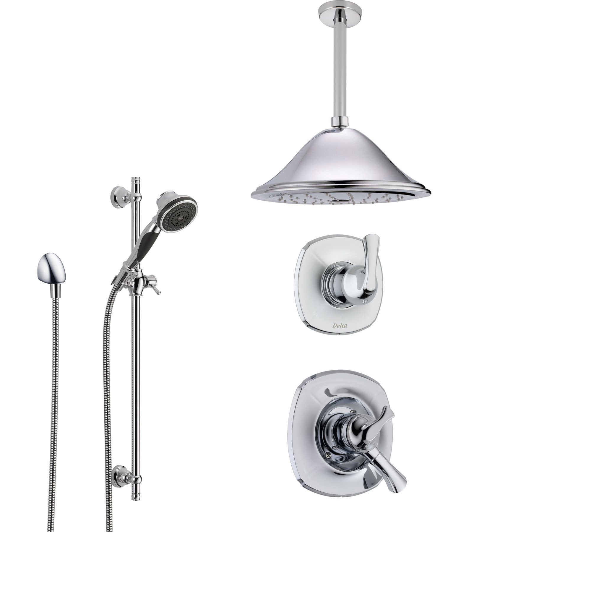 Delta Addison Chrome Shower System with Dual Control Shower Handle, 3-setting Diverter, Large Ceiling Mount Rain Shower Head, and Handheld Shower SS179282