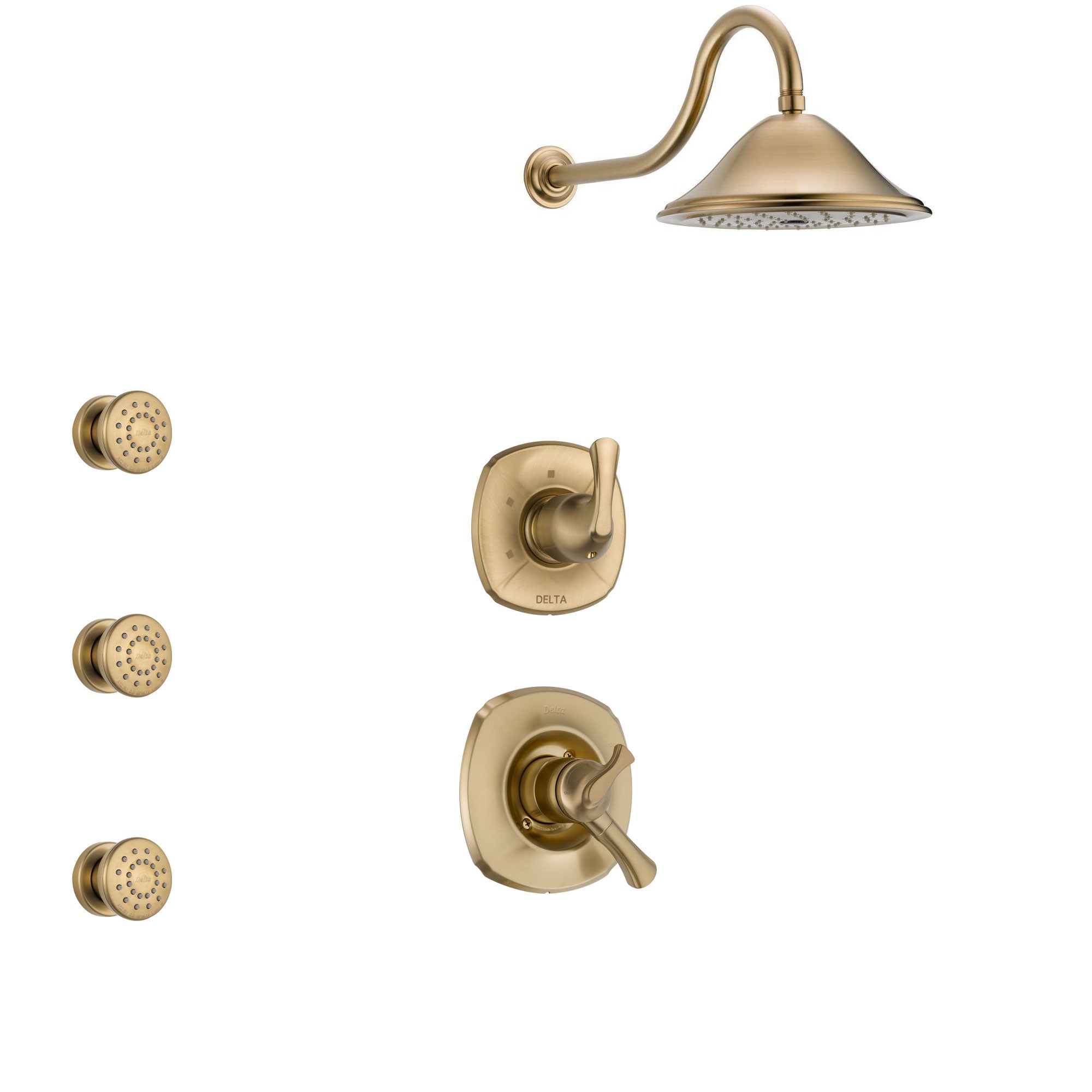 Delta Addison Champagne Bronze Finish Shower System with Dual Control Handle, 3-Setting Diverter, Showerhead, and 3 Body Sprays SS1792CZ1