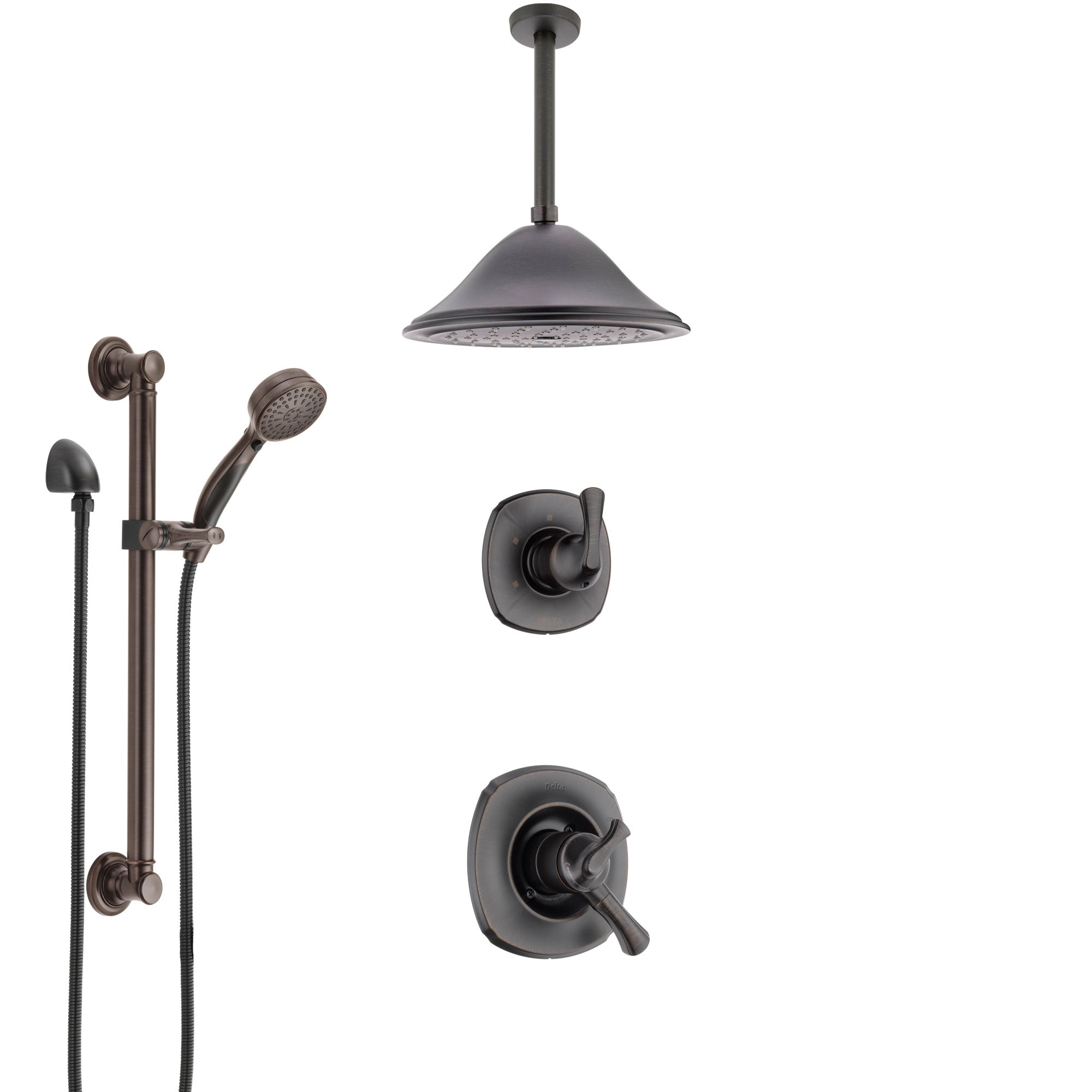 Delta Addison Venetian Bronze Shower System with Dual Control Handle, Diverter, Ceiling Mount Showerhead, and Hand Shower with Grab Bar SS1792RB4