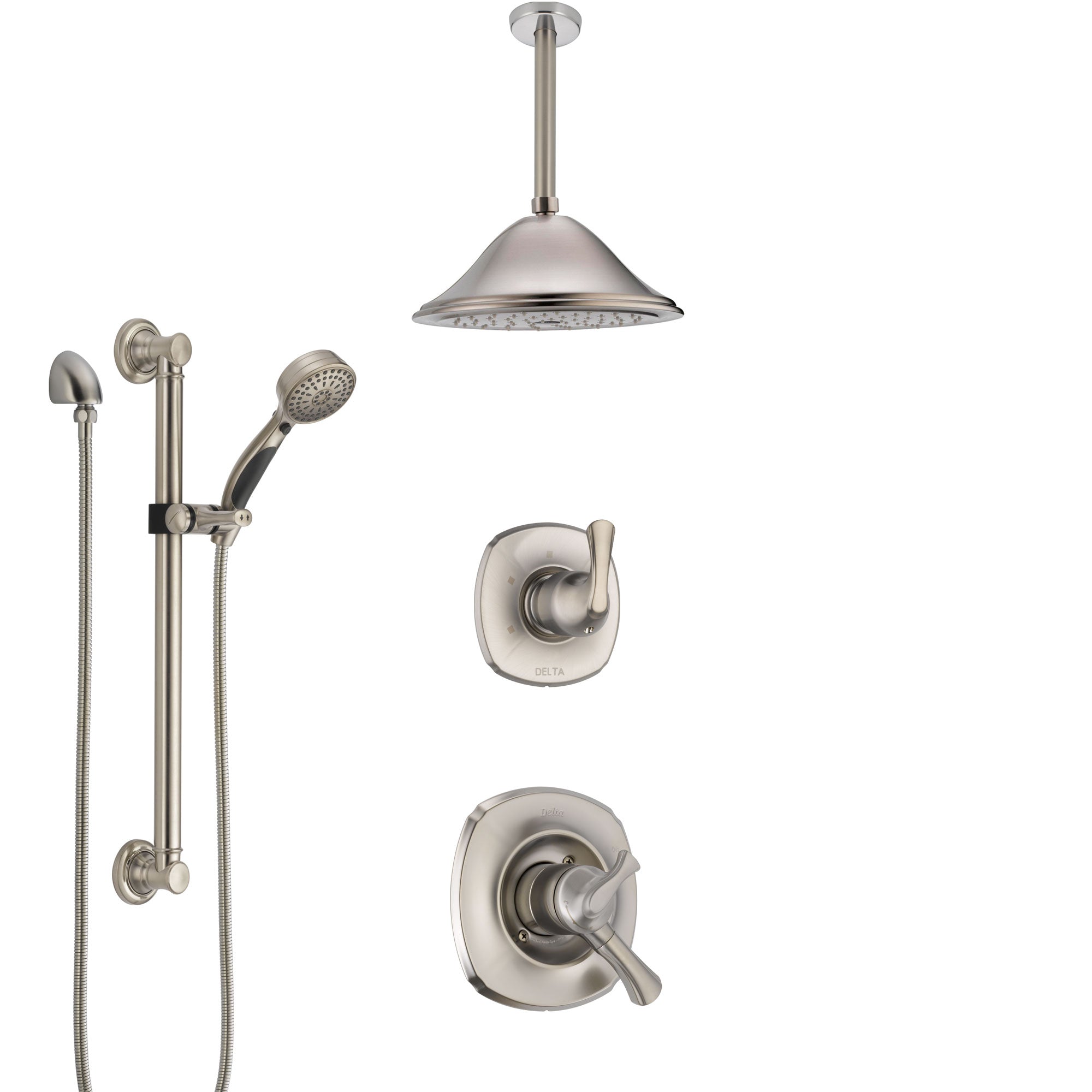 Delta Addison Dual Control Handle Stainless Steel Finish Shower System, Diverter, Ceiling Mount Showerhead, and Hand Shower with Grab Bar SS1792SS8