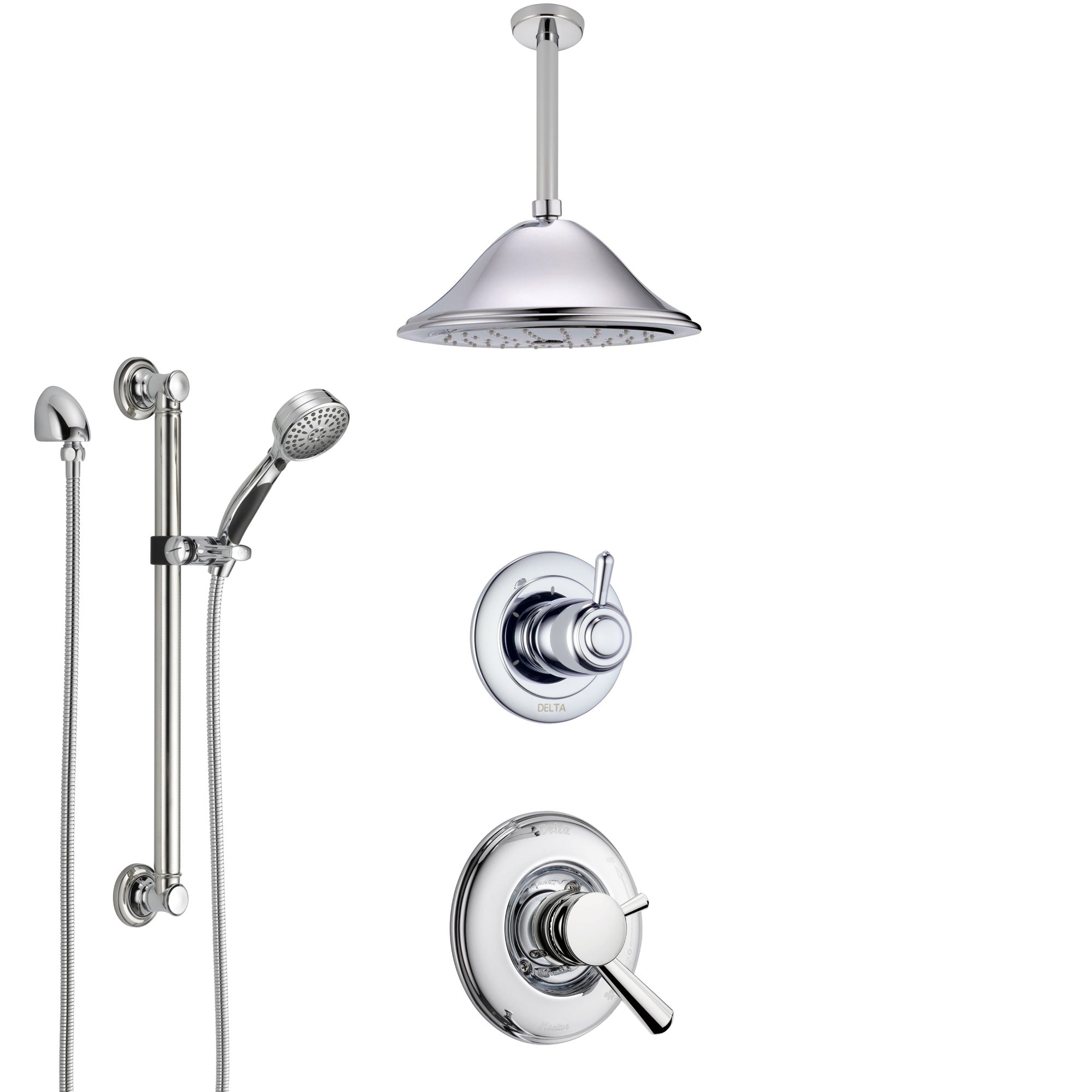 Delta Linden Chrome Finish Shower System with Dual Control Handle, 3-Setting Diverter, Ceiling Mount Showerhead, and Hand Shower with Grab Bar SS17932