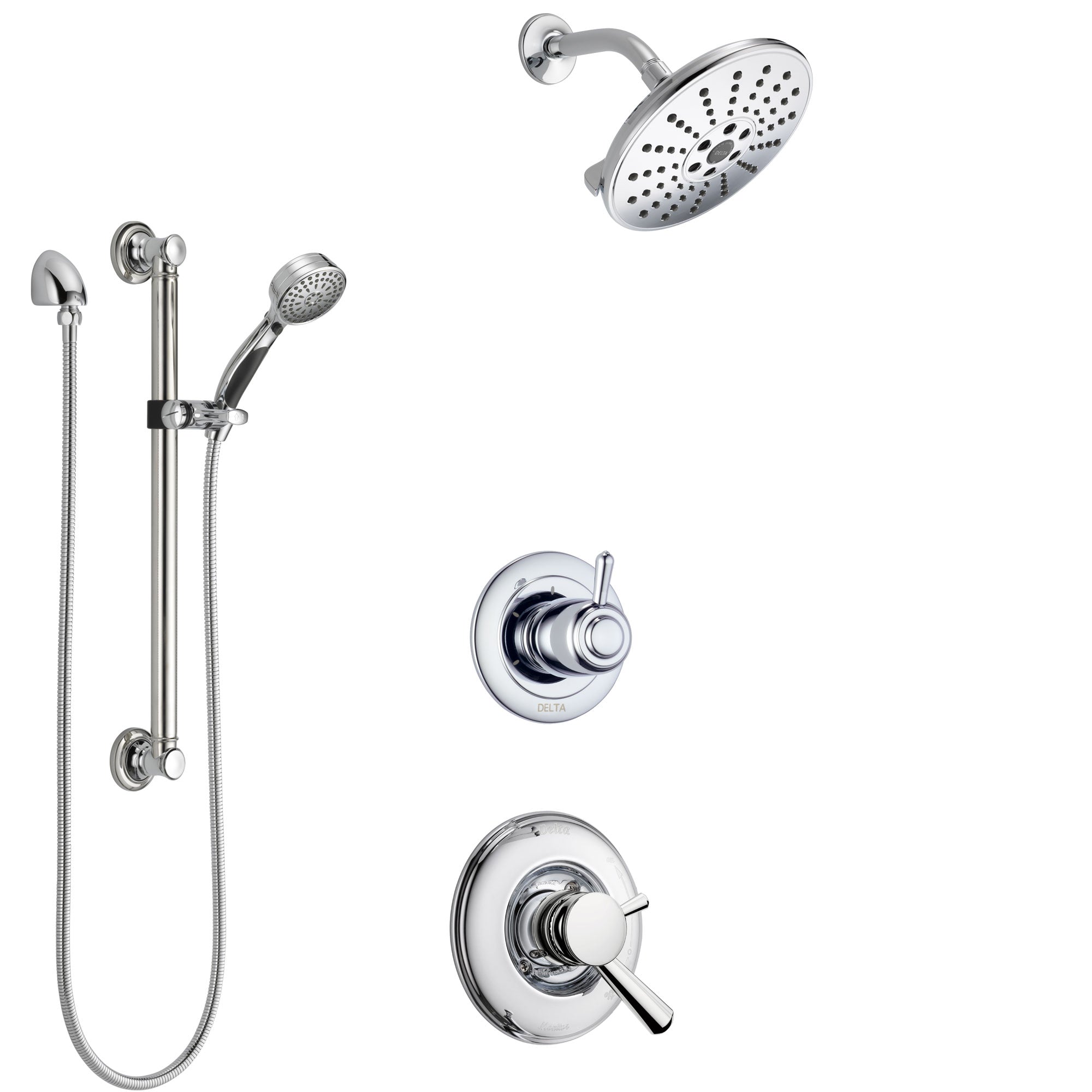 Delta Linden Chrome Finish Shower System with Dual Control Handle, 3-Setting Diverter, Showerhead, and Hand Shower with Grab Bar SS17934
