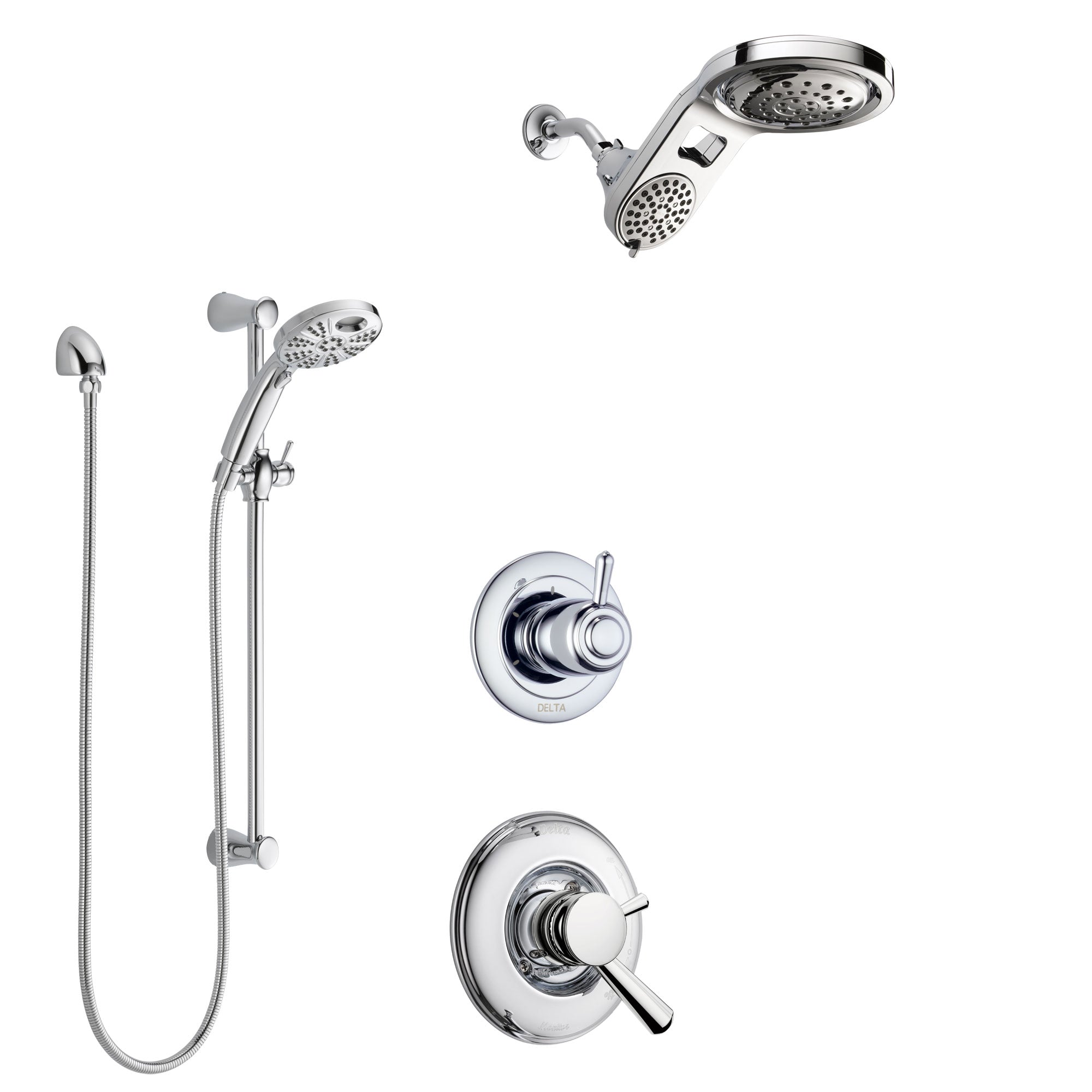 Delta Linden Chrome Finish Shower System with Dual Control Handle, 3-Setting Diverter, Dual Showerhead, and Temp2O Hand Shower with Slidebar SS17937