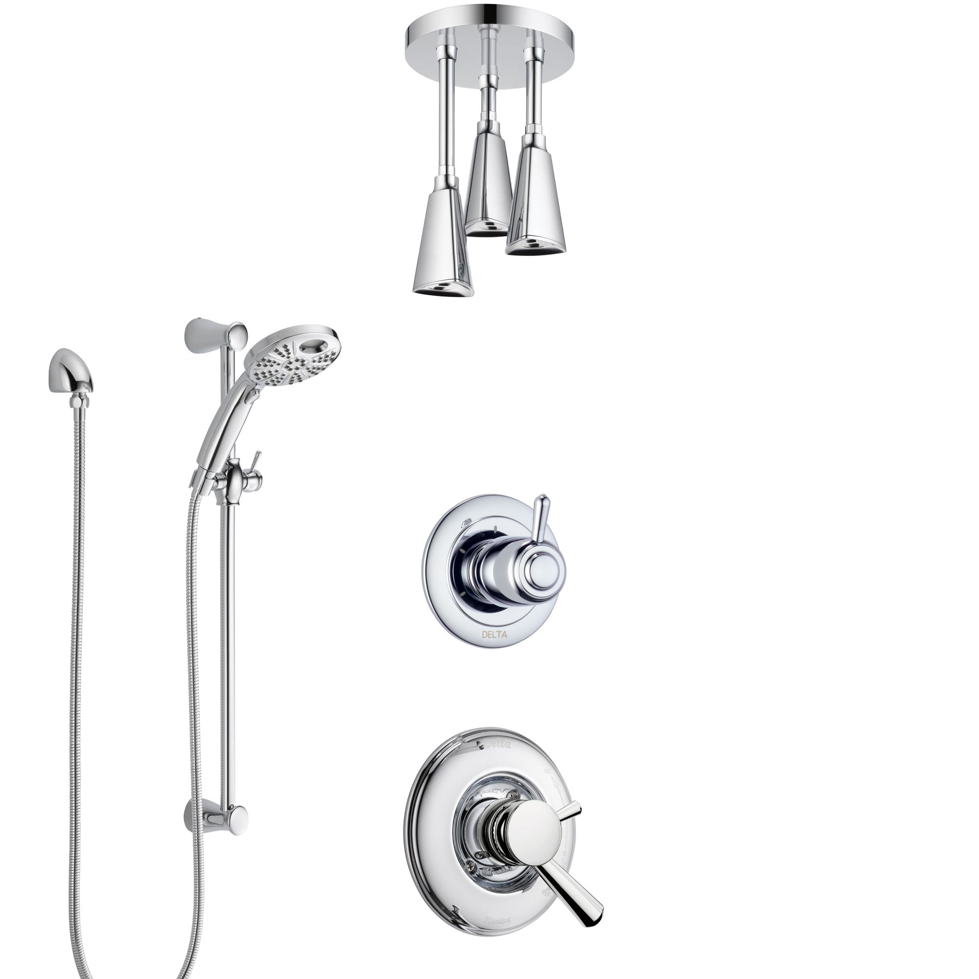 Delta Linden Chrome Finish Shower System with Dual Control, 3-Setting Diverter, Ceiling Mount Showerhead, and Temp2O Hand Shower with Slidebar SS17938