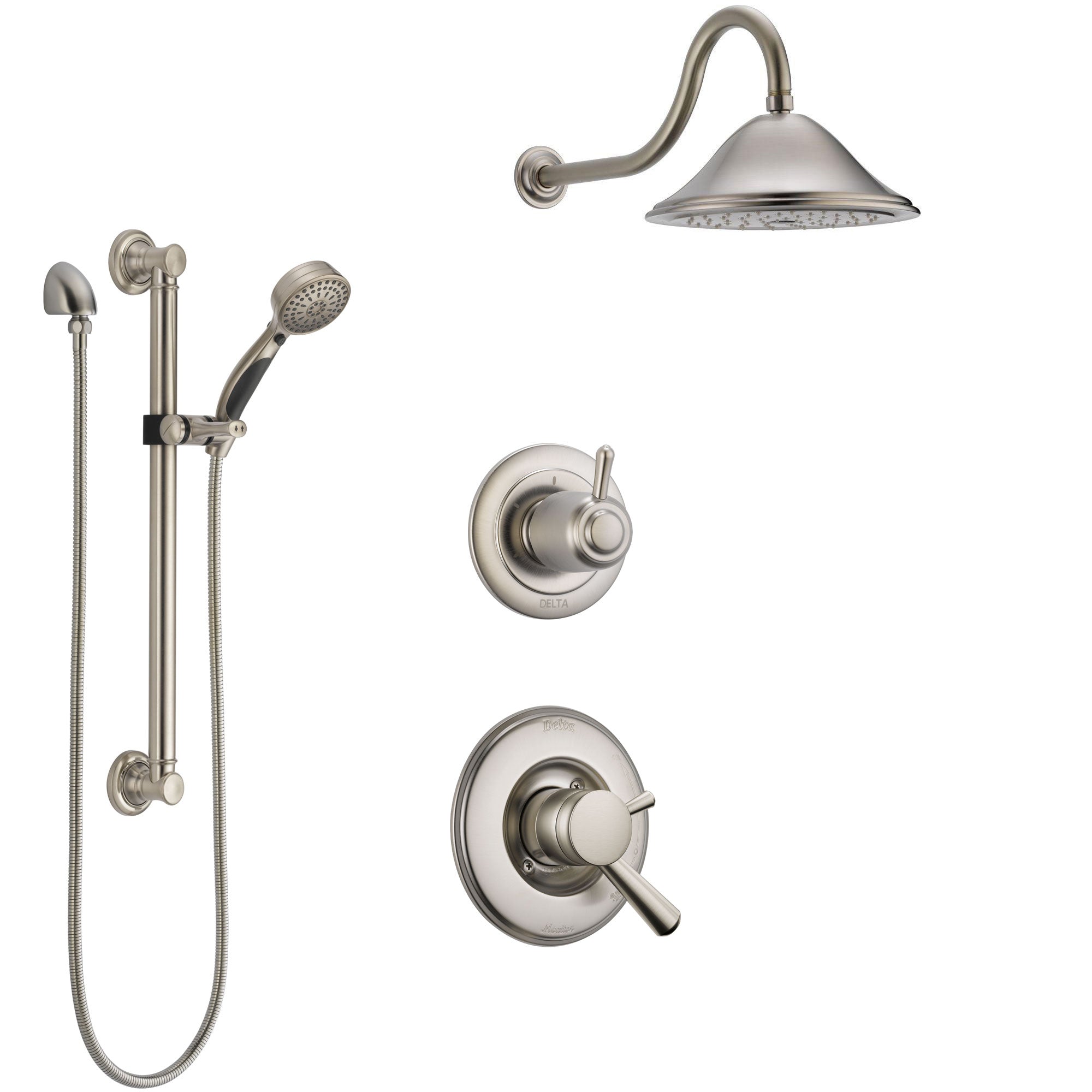 Delta Linden Stainless Steel Finish Shower System with Dual Control Handle, 3-Setting Diverter, Showerhead, and Hand Shower with Grab Bar SS1793SS2