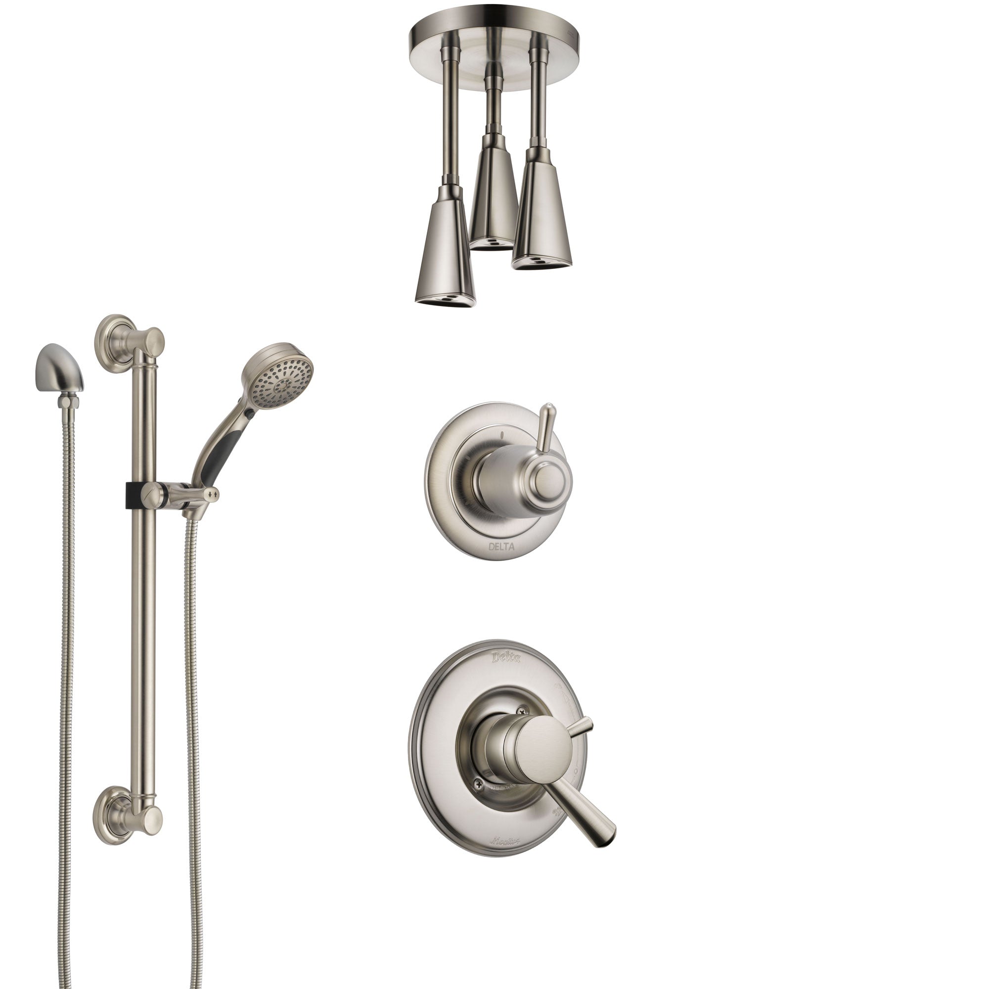 Delta Linden Dual Control Handle Stainless Steel Finish Shower System, Diverter, Ceiling Mount Showerhead, and Hand Shower with Grab Bar SS1793SS6
