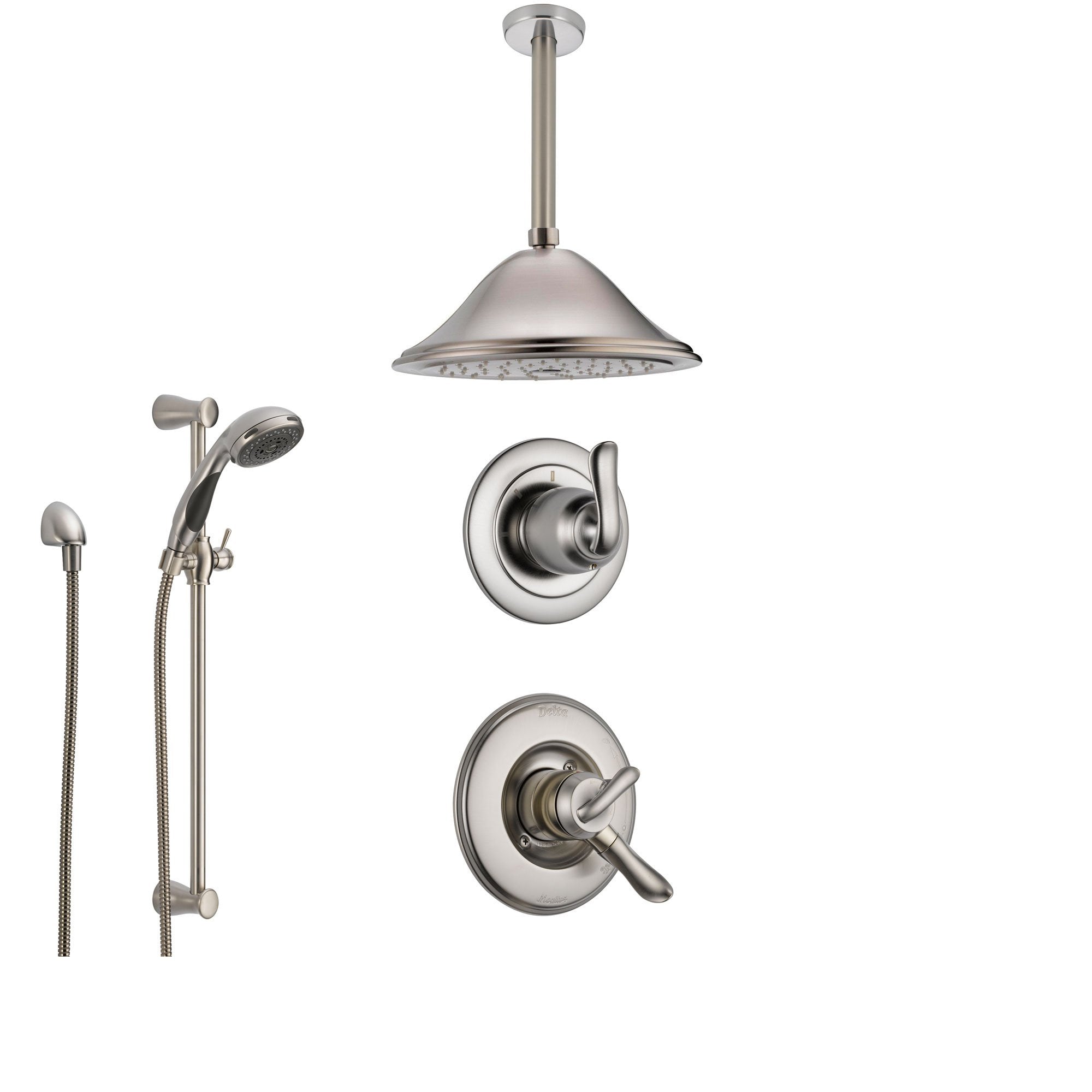 Delta Linden Stainless Steel Shower System with Dual Control Shower Handle, 3-setting Diverter, Large Ceiling Mount Rain Showerhead, and Handheld Shower SS179482SS