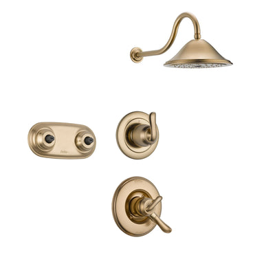 Delta Linden Champagne Bronze Shower System with Dual Control Shower Handle, 3-setting Diverter, Large Rain Showerhead, and Dual Body Spray Shower Plate SS179484CZ