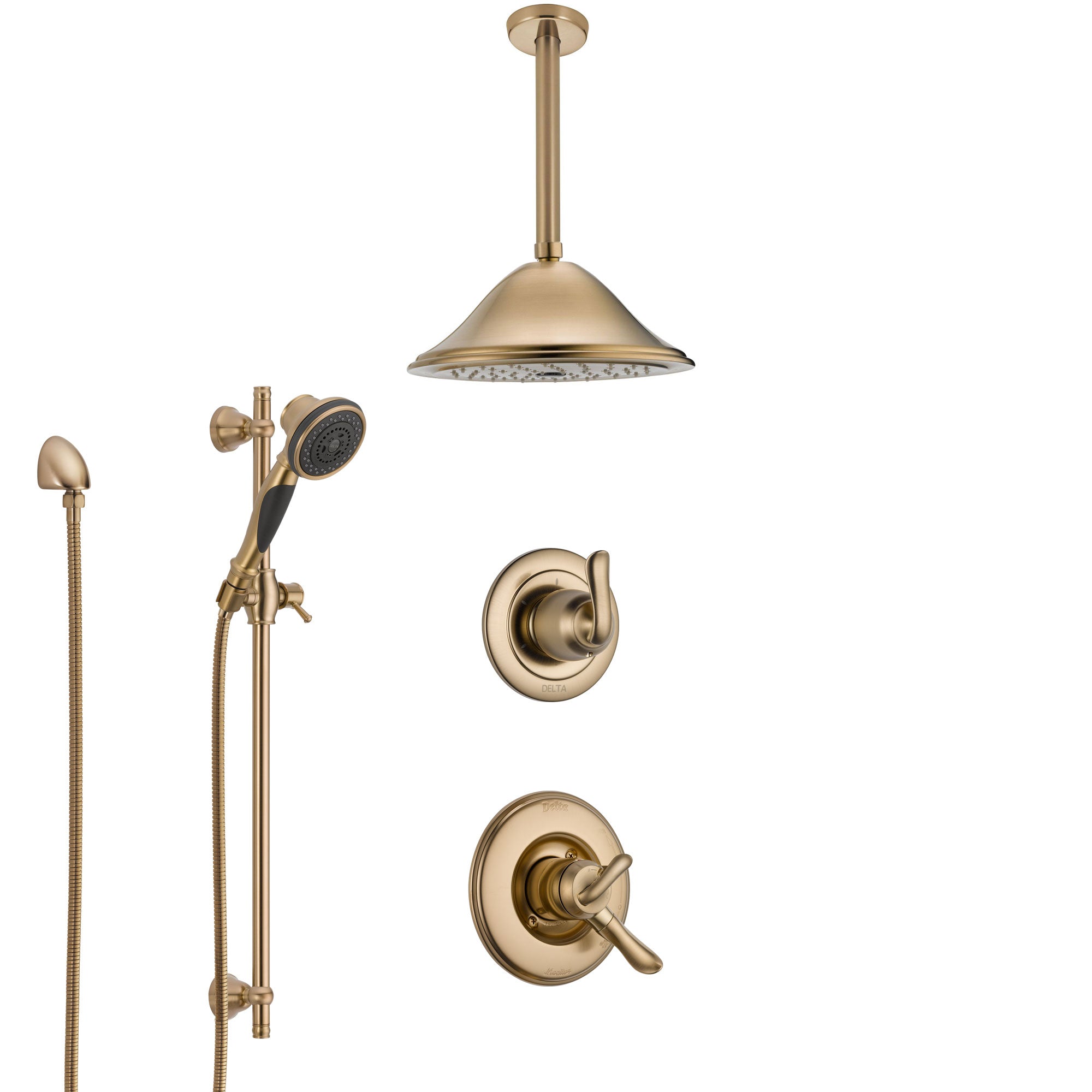 Delta Linden Champagne Bronze Shower System with Dual Control Handle, Diverter, Ceiling Mount Showerhead, and Hand Shower with Slidebar SS1794CZ5