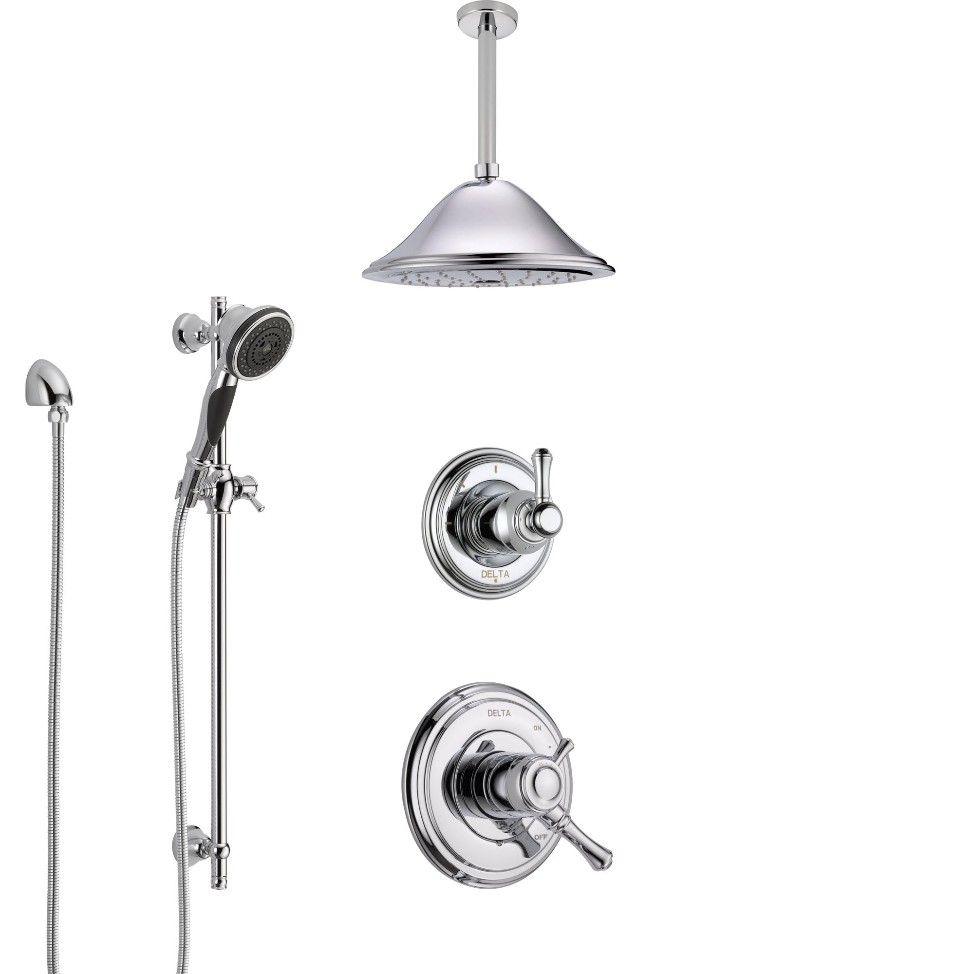 Delta Cassidy Chrome Finish Shower System with Dual Control Handle, Diverter, Ceiling Mount Showerhead, and Hand Shower with Slidebar SS17973