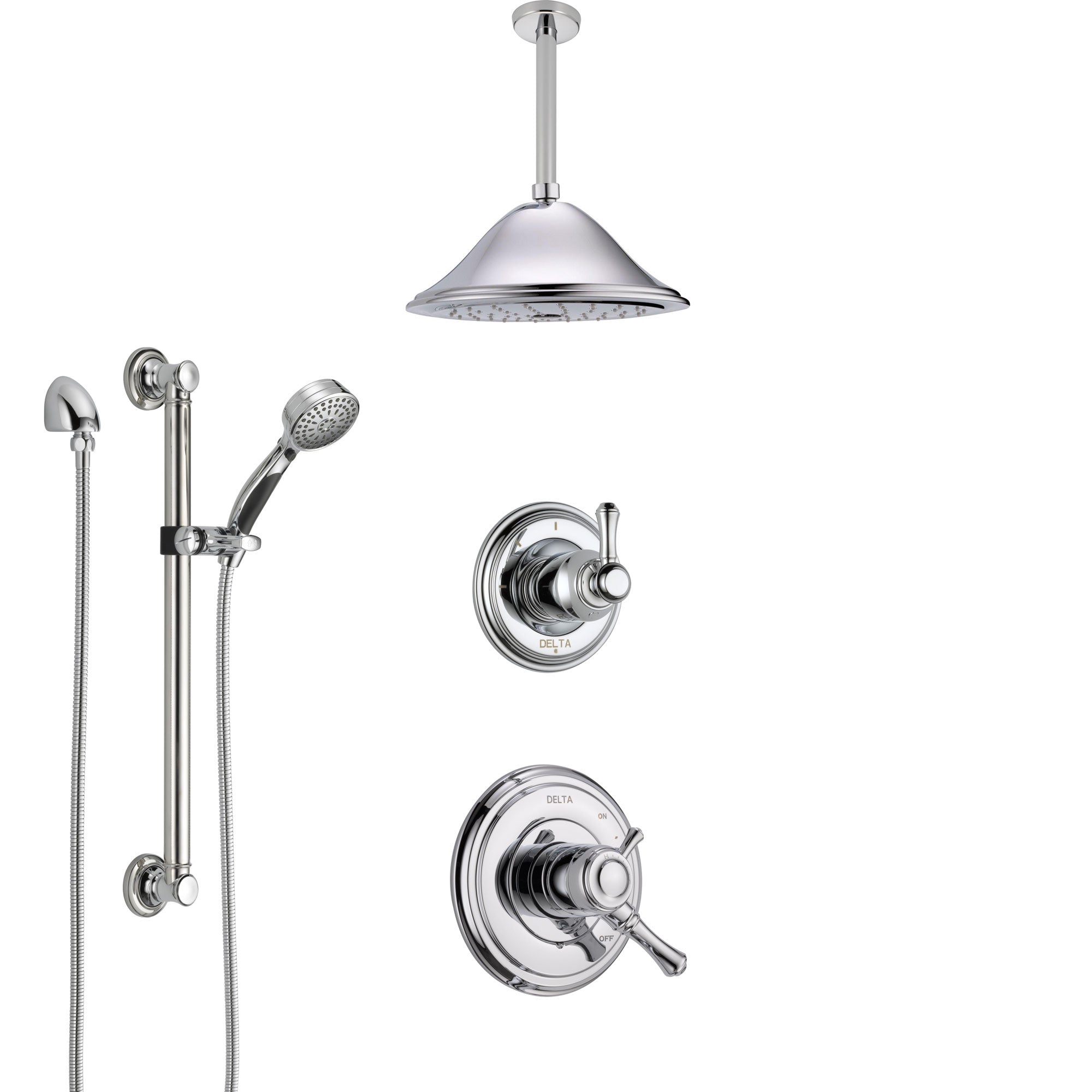 Delta Cassidy Chrome Finish Shower System with Dual Control Handle, Diverter, Ceiling Mount Showerhead, and Hand Shower with Grab Bar SS17974